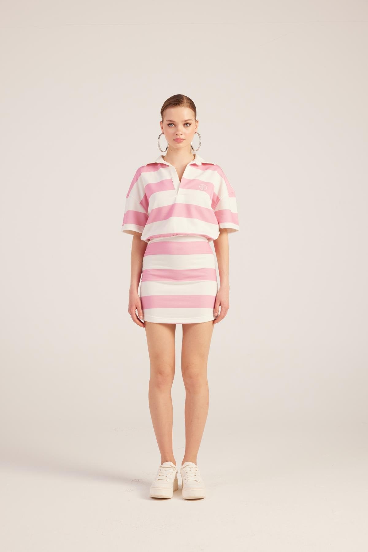 Polo Yaka Çizgili Mini Pamela Elbise Pembe