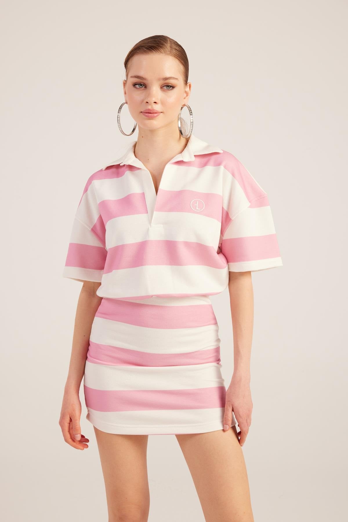Polo Yaka Çizgili Mini Pamela Elbise Pembe