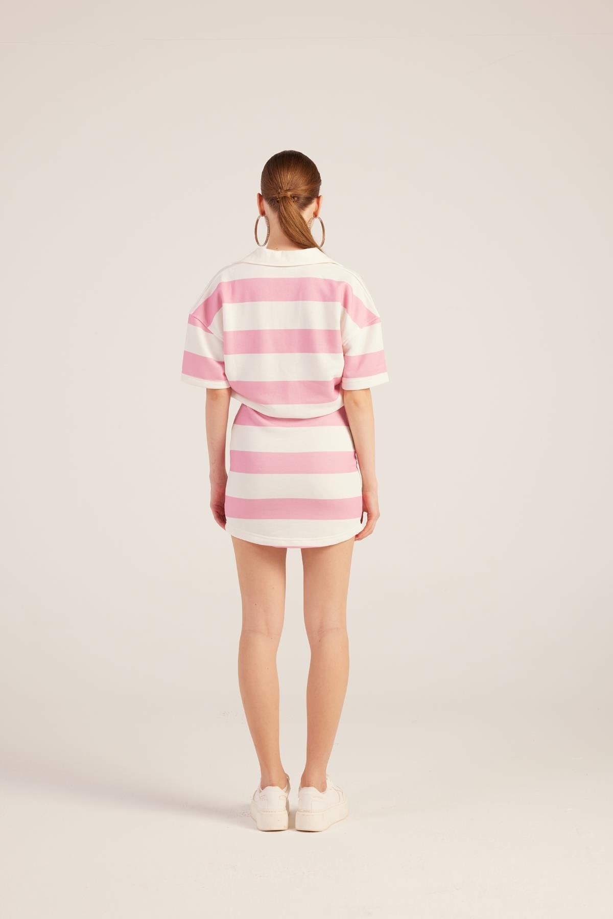 Polo Yaka Çizgili Mini Pamela Elbise Pembe