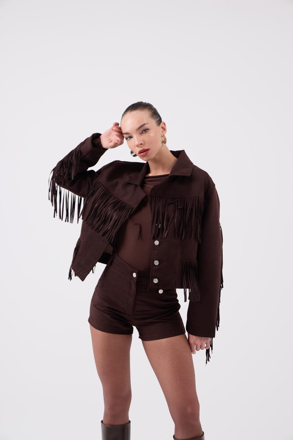 Püskül Detaylı Valeri Süet Ceket Kahve