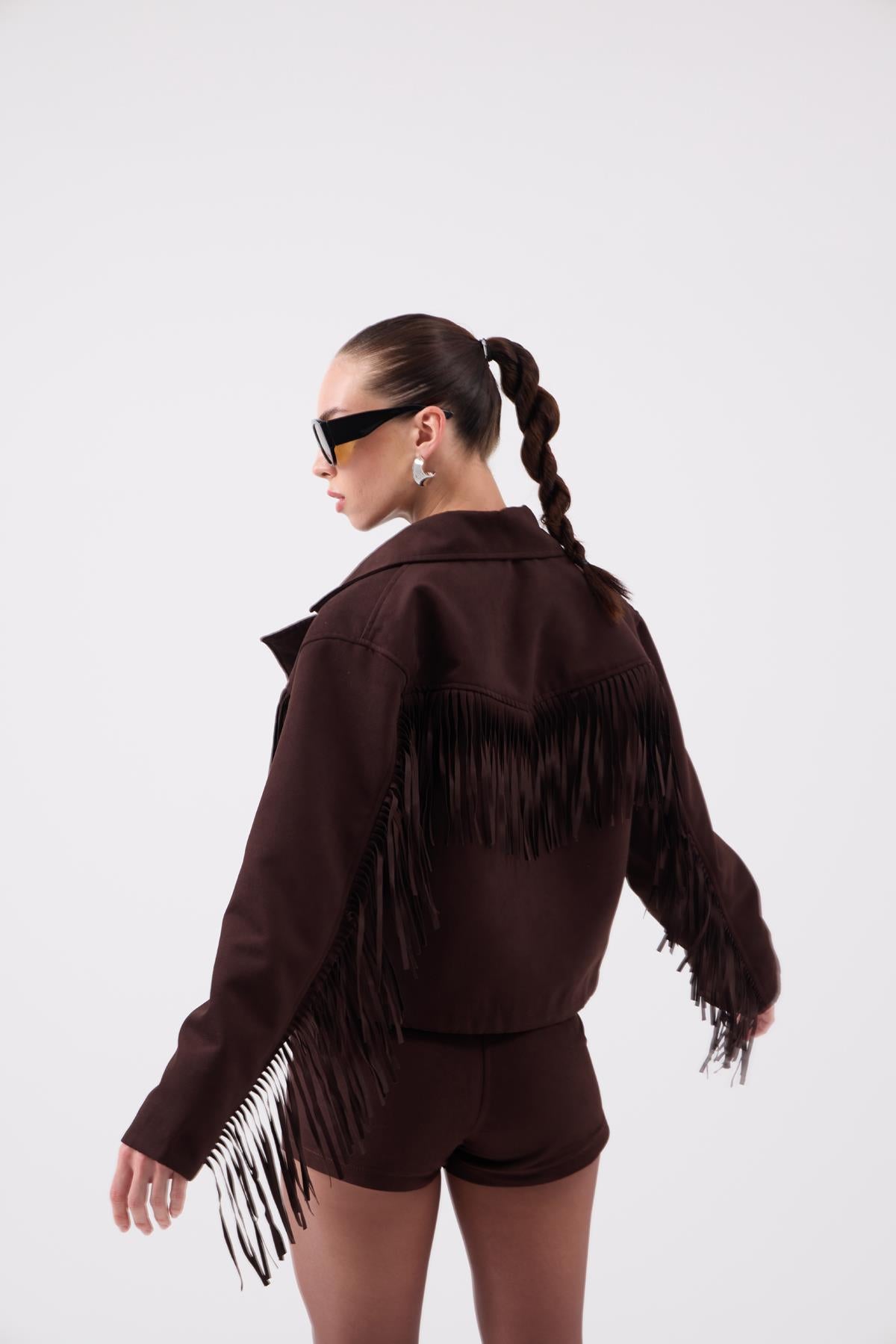 Püskül Detaylı Valeri Süet Ceket Kahve