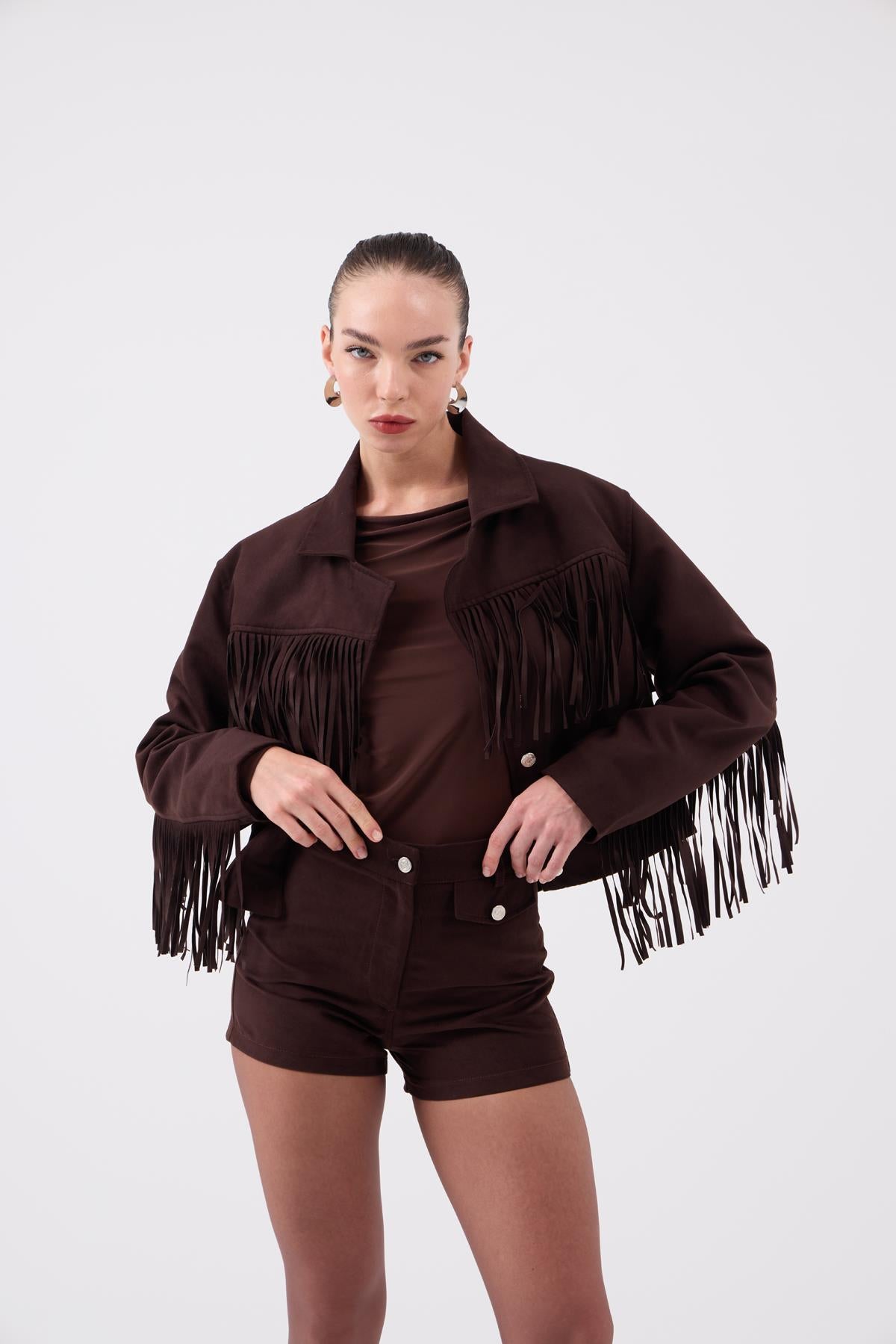 Püskül Detaylı Valeri Süet Ceket Kahve