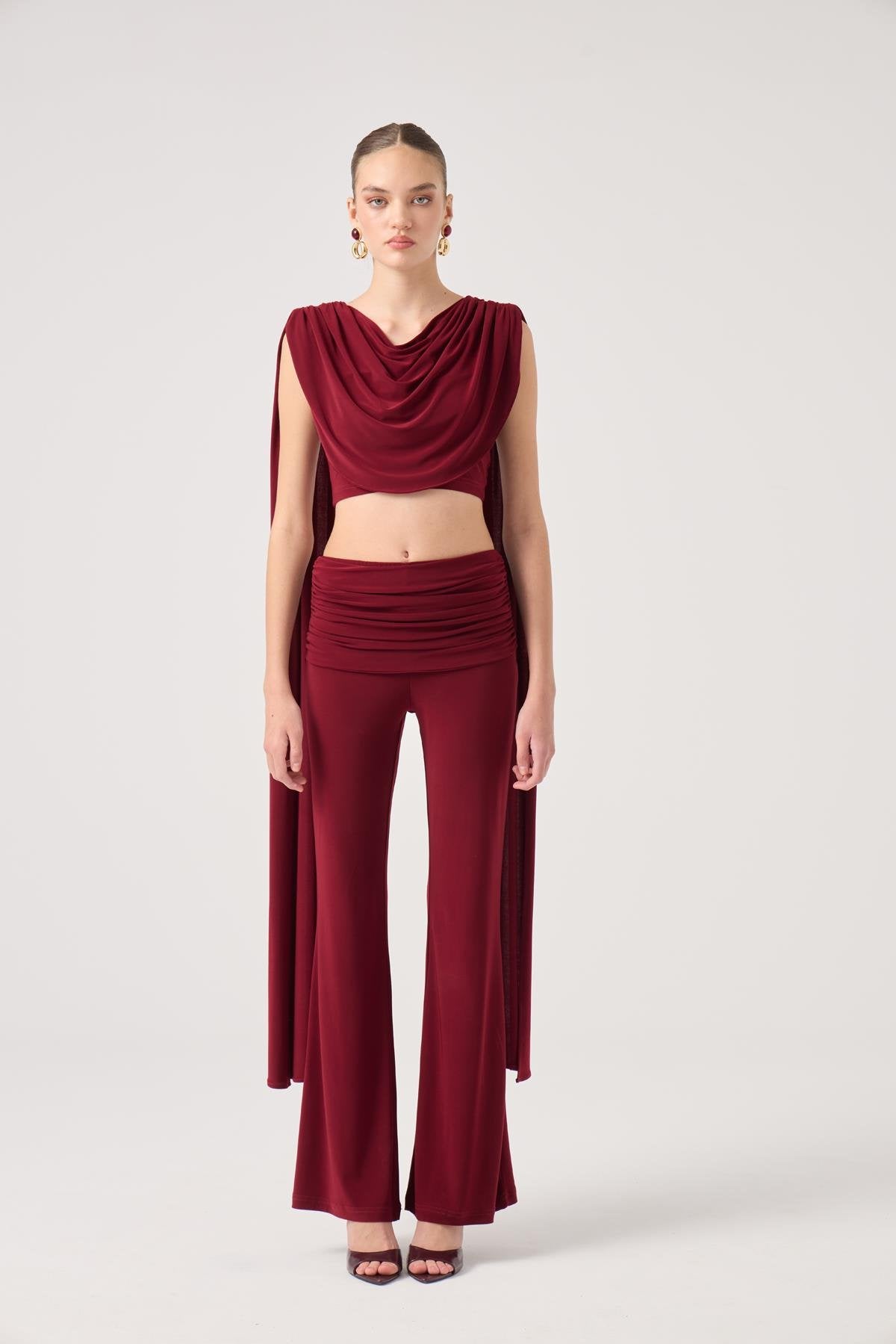 Şal Detaylı Bluz Ve İspanyol Pantolonlu Finley Takım Bordo