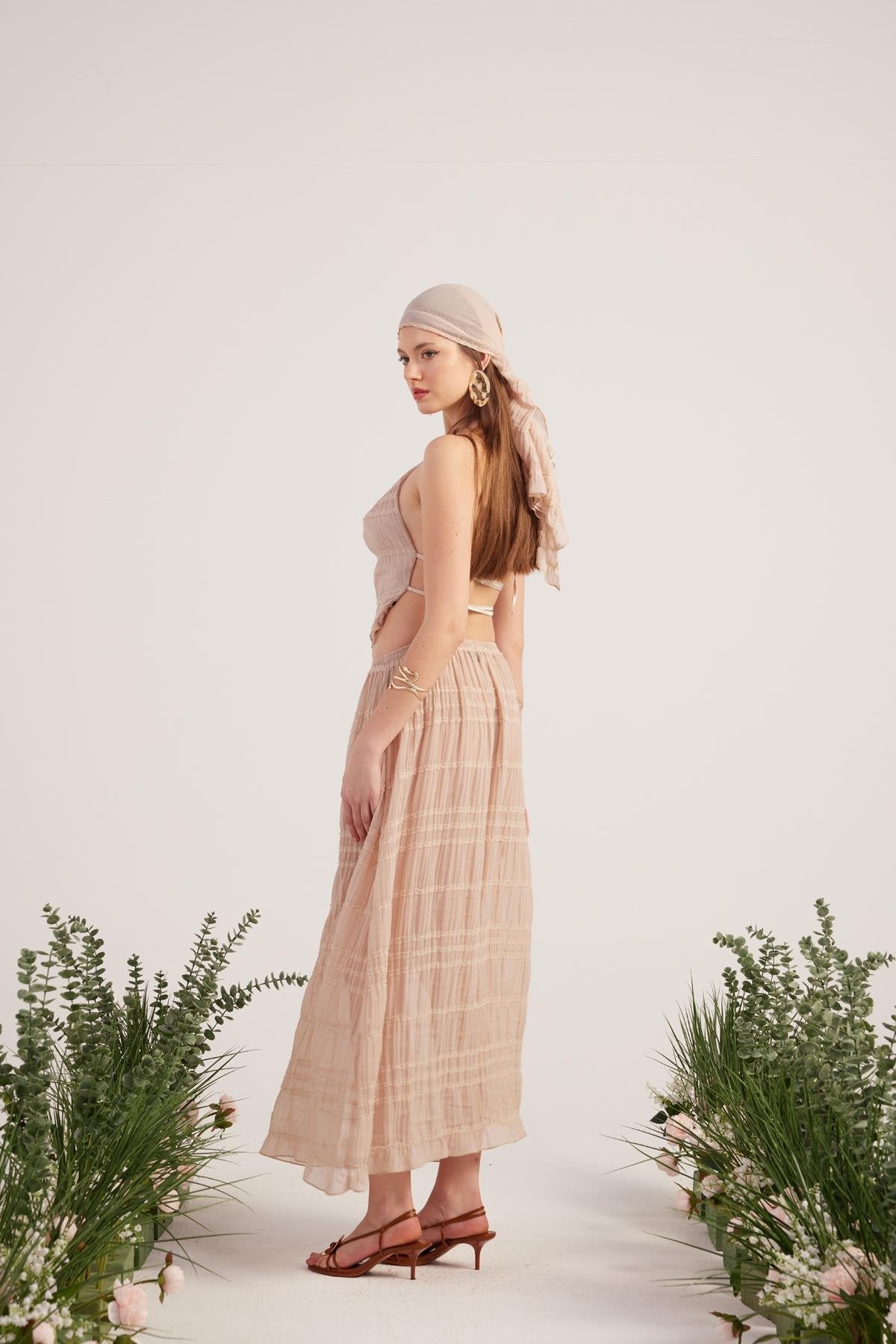 Şal Detaylı Etek Bluz Üçlü Bohemy Takım Bej