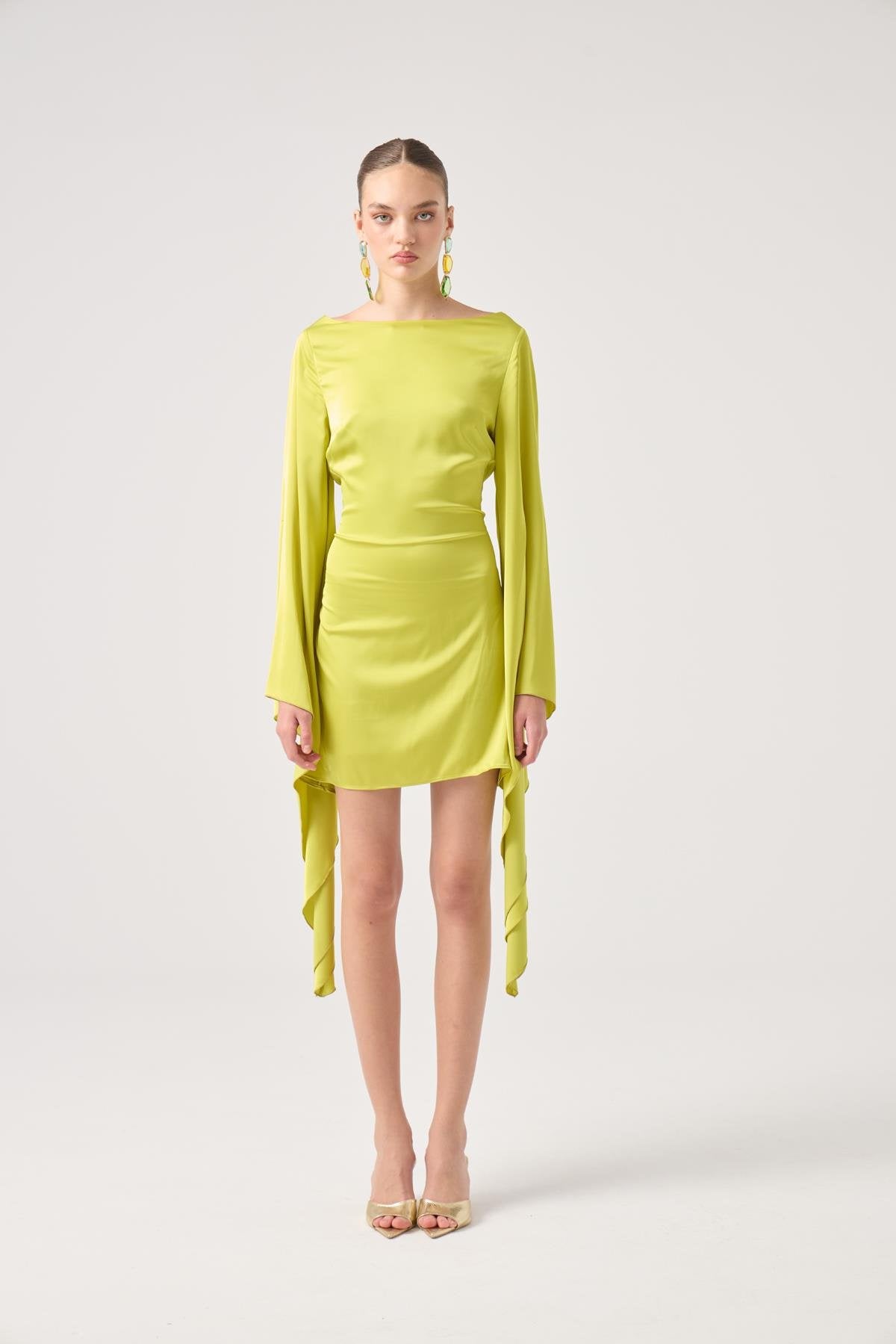 Sırtı Açık İspanyol Kol Saten Halle Elbise Yeşil