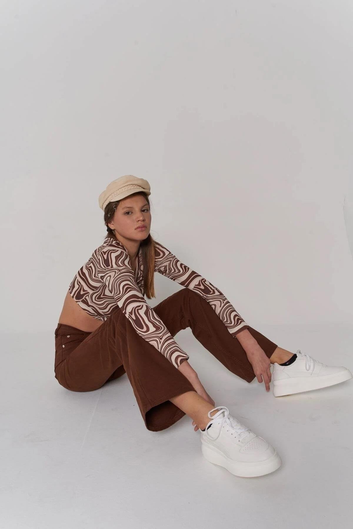 Slim Flare Yüksek Bel Marron Pantolon Kahverengi