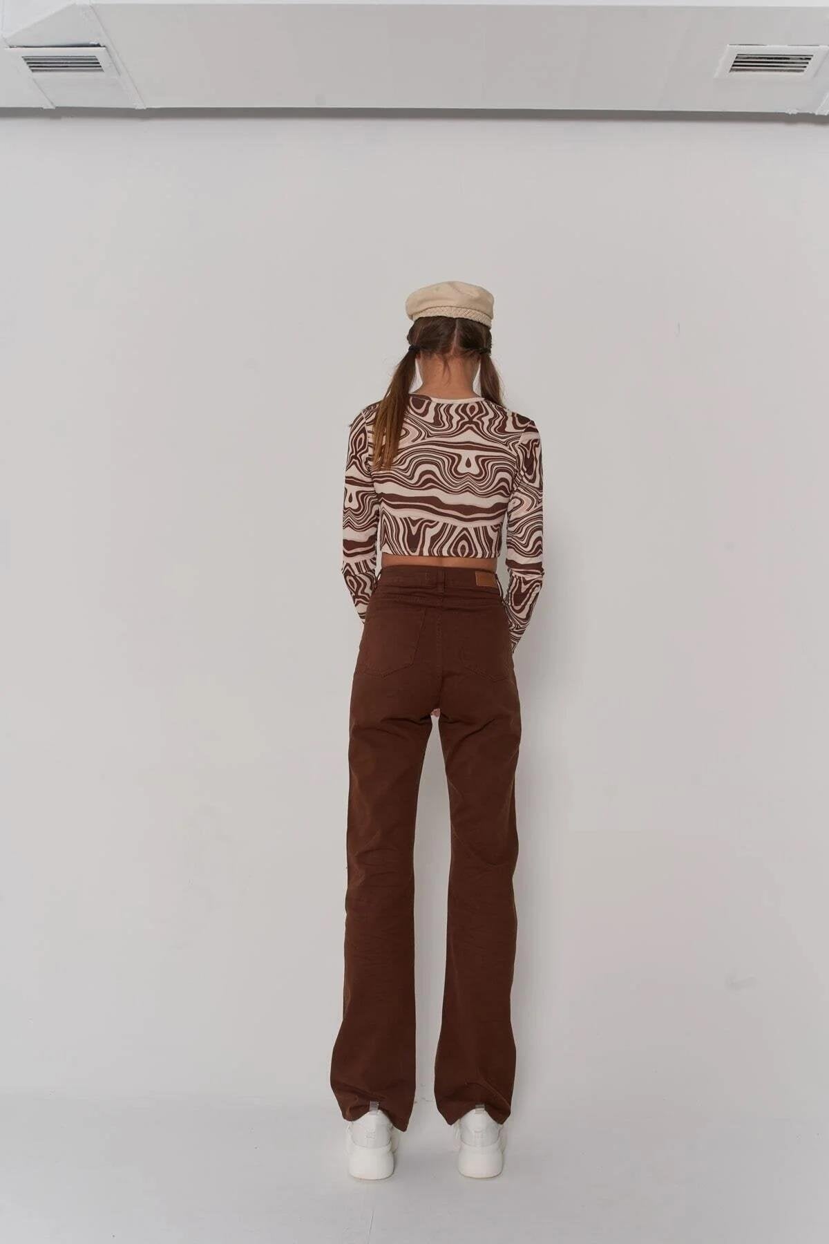Slim Flare Yüksek Bel Marron Pantolon Kahverengi