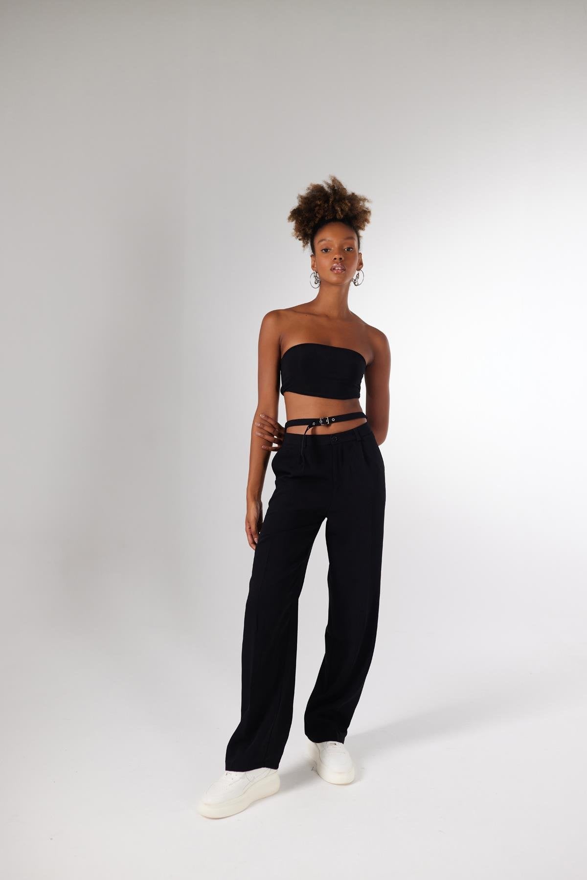 Straight Kesim Kemer Detaylı Kumaş Wesley Pantolon Siyah