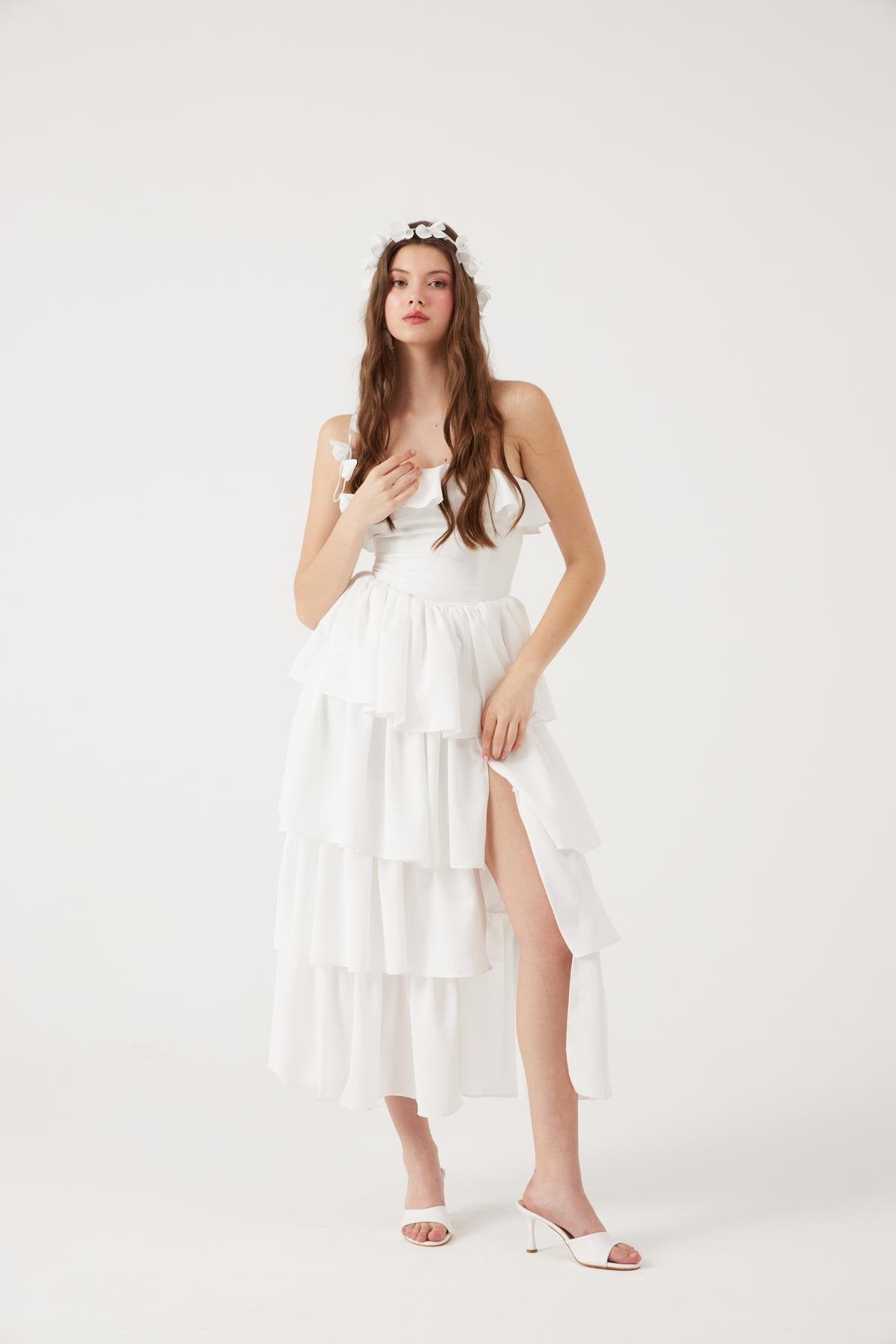 Straplez Fırfırlı Uzun Gracie Elbise Beyaz