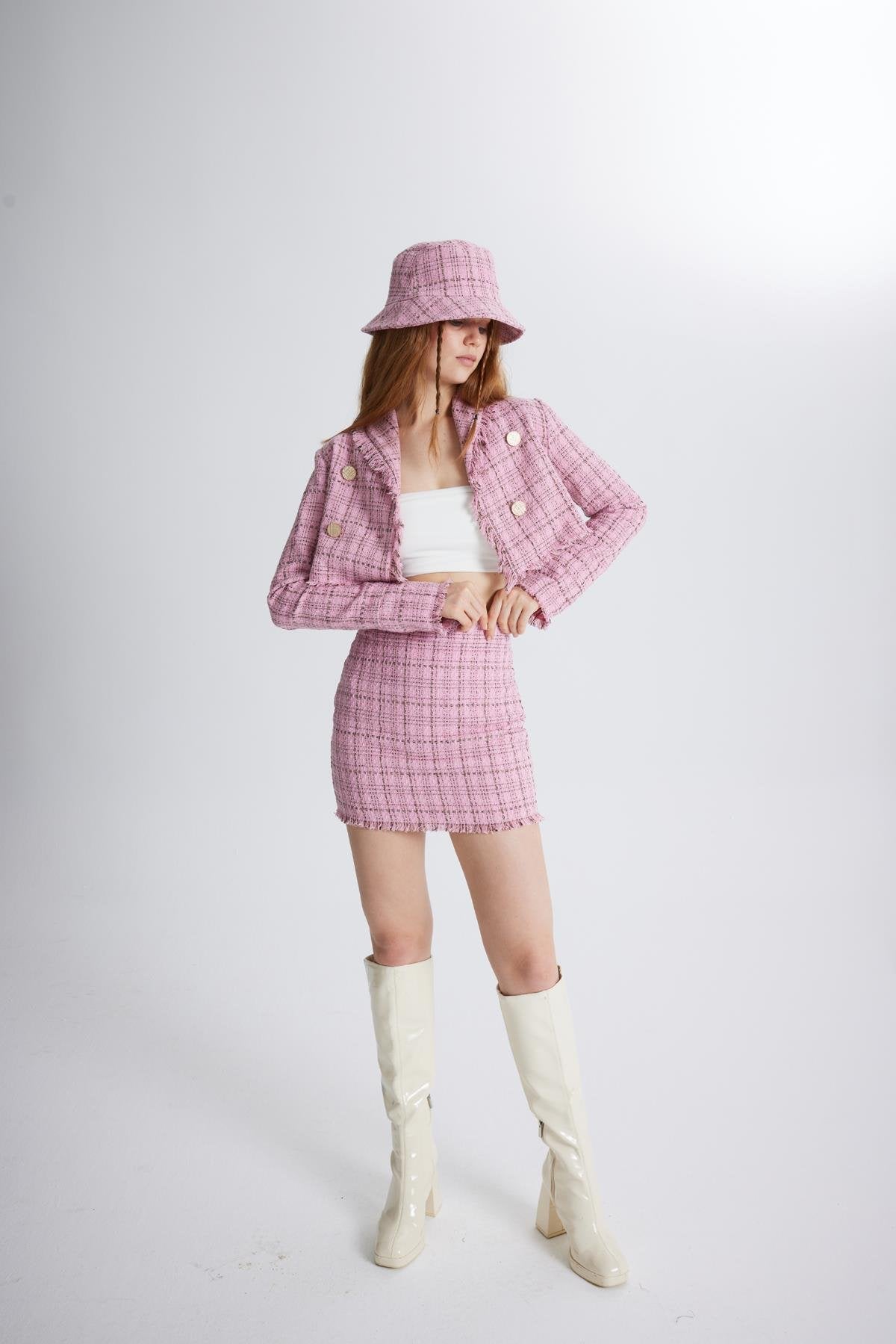 Tüvit Kumaş Crop Tweed Ceket Pembe