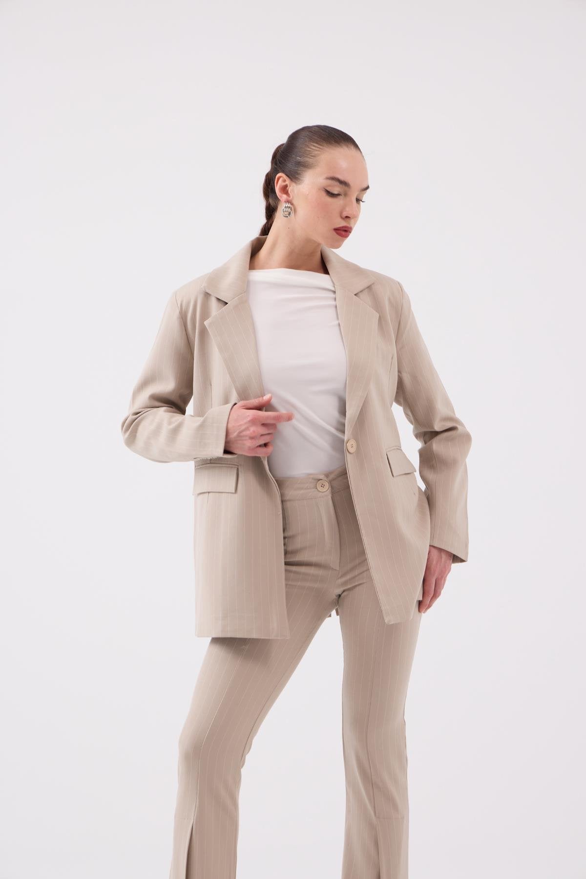 Vatkalı Astarlı Blazer Striped Blazer Ceket Bej