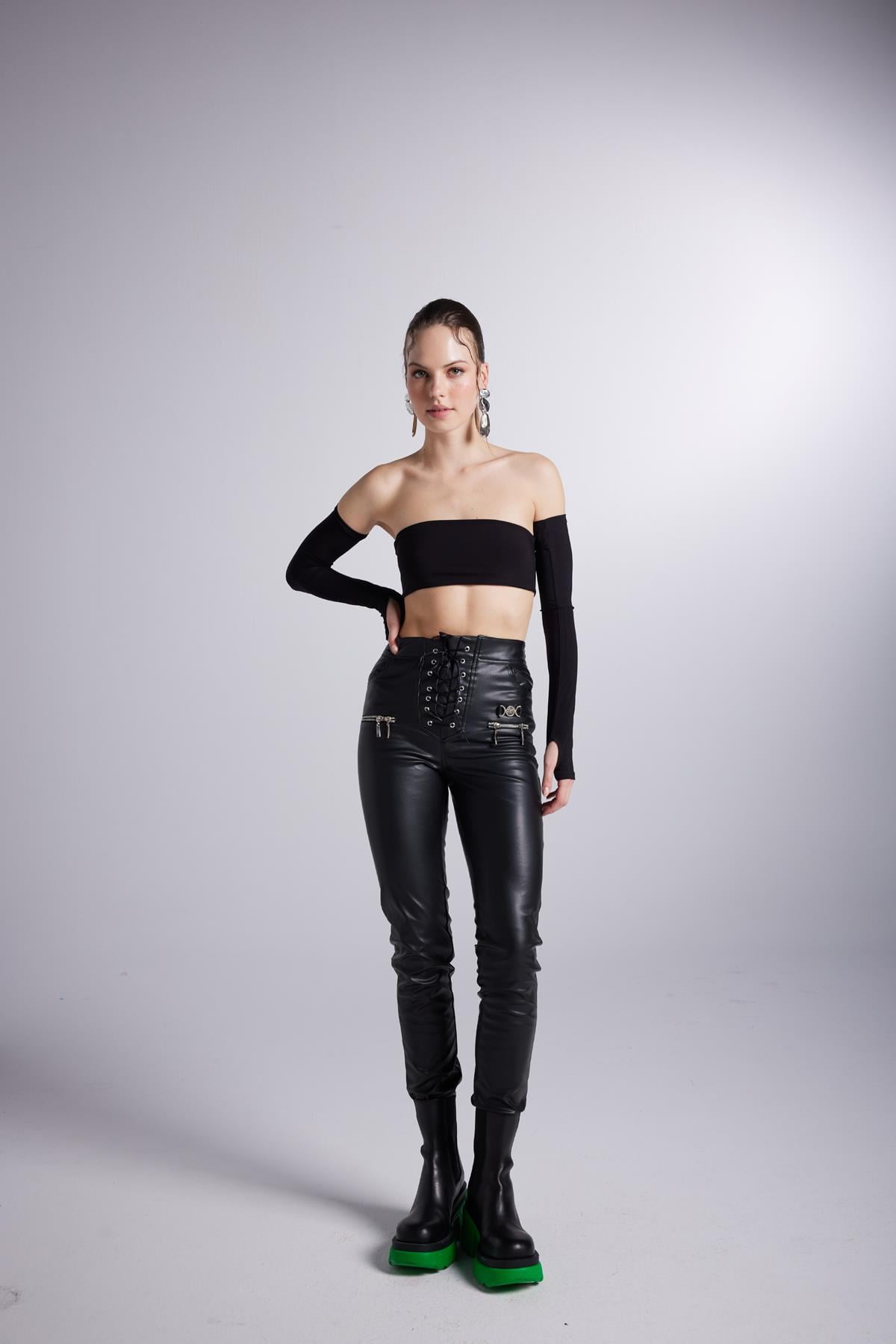 Holly Lolly-Vegan Deri Pantolon – Si̇yah-Pantolon-1-Milagron.com