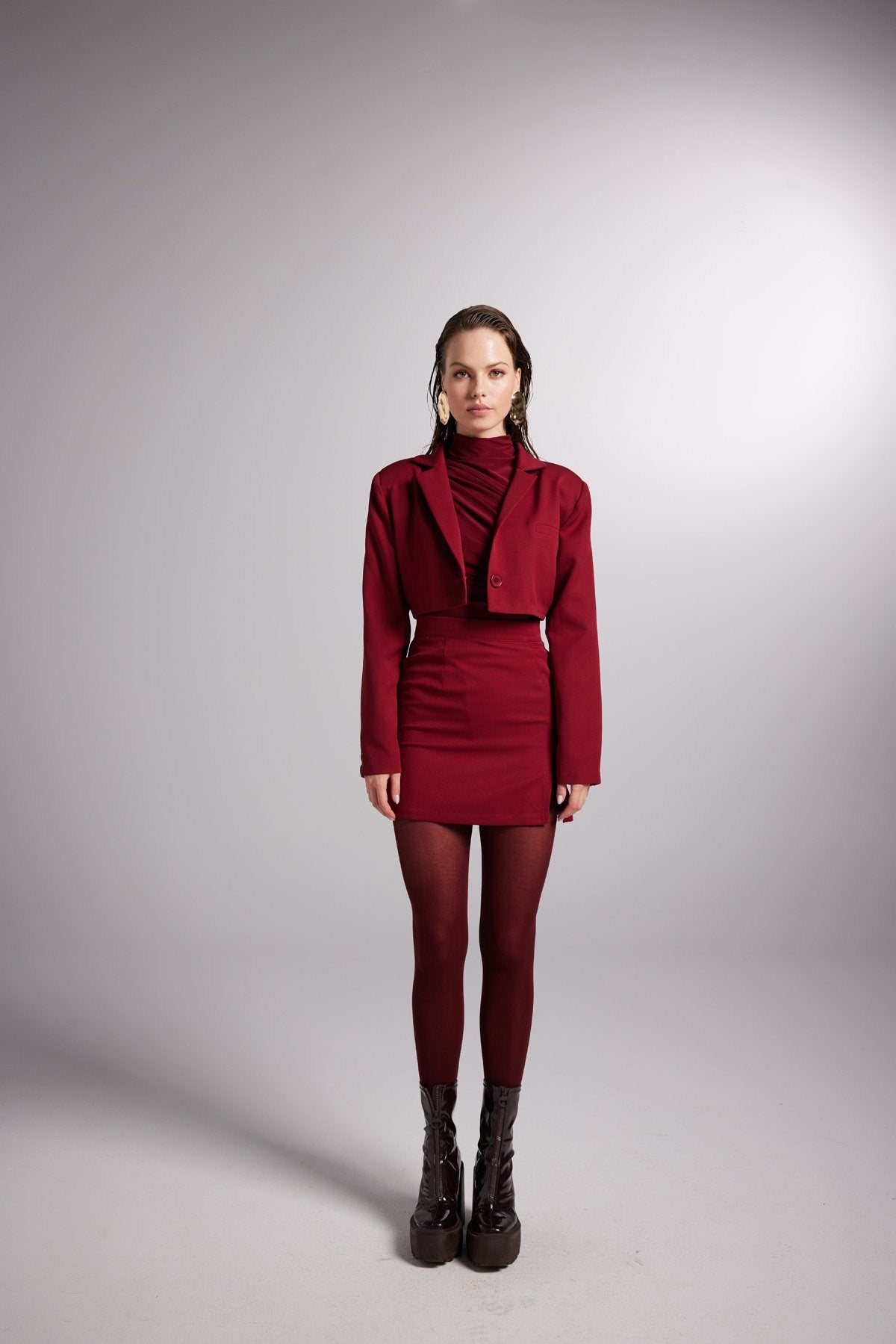 Yırtmaçlı Mini Panky Etek Bordo