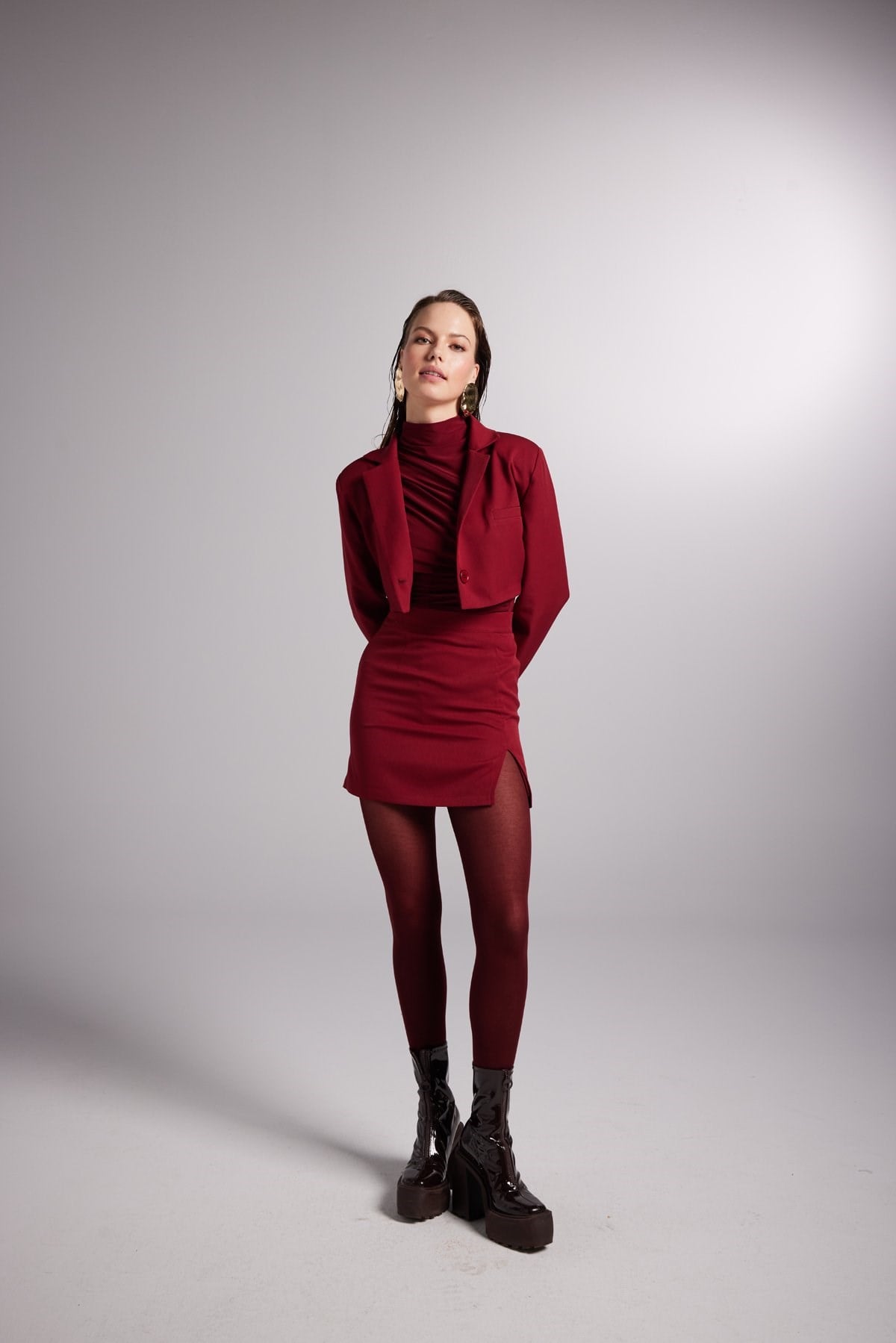 Yırtmaçlı Mini Panky Etek Bordo