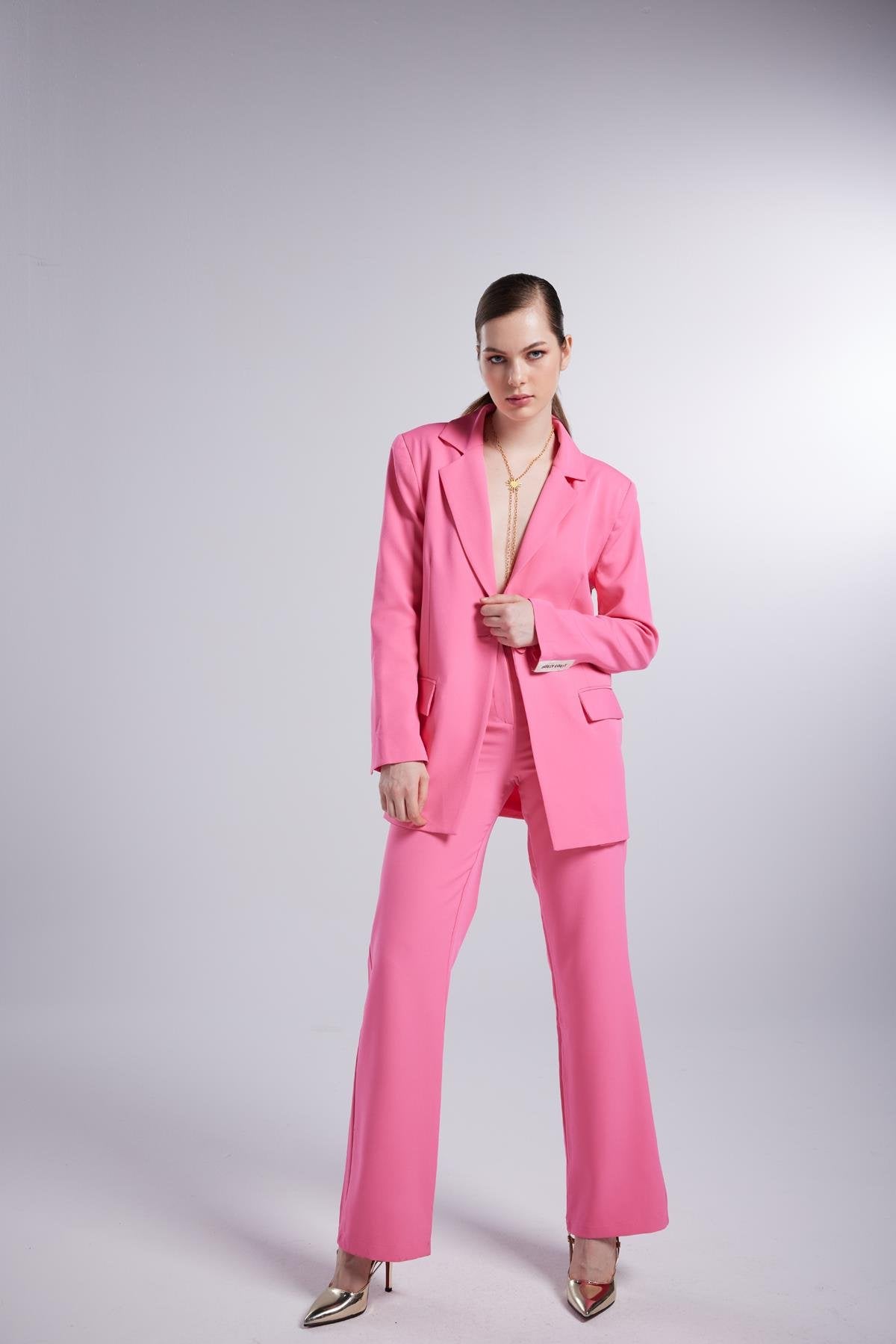 Yüksek Bel Düğme Kapamalı Panky Pantolon Pembe