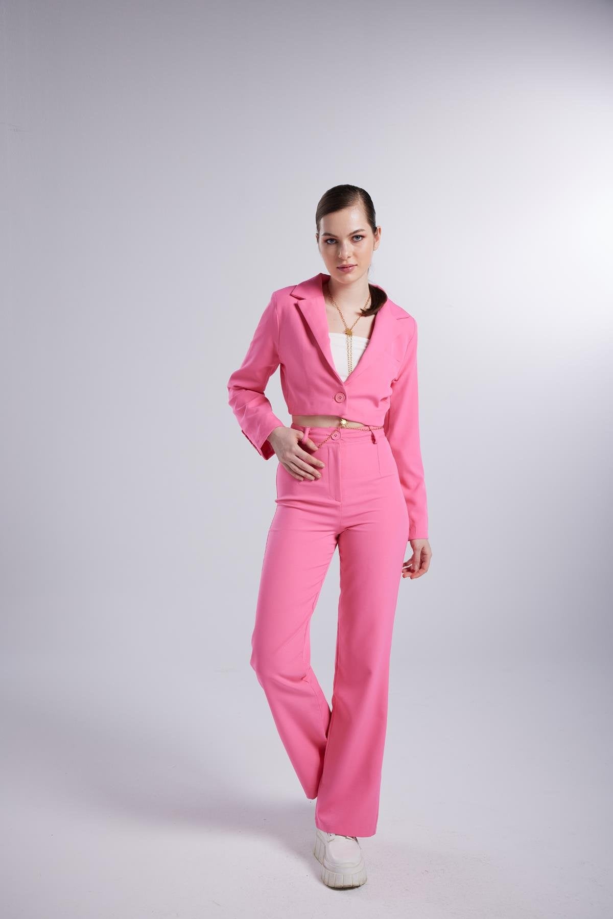 Yüksek Bel Düğme Kapamalı Panky Pantolon Pembe