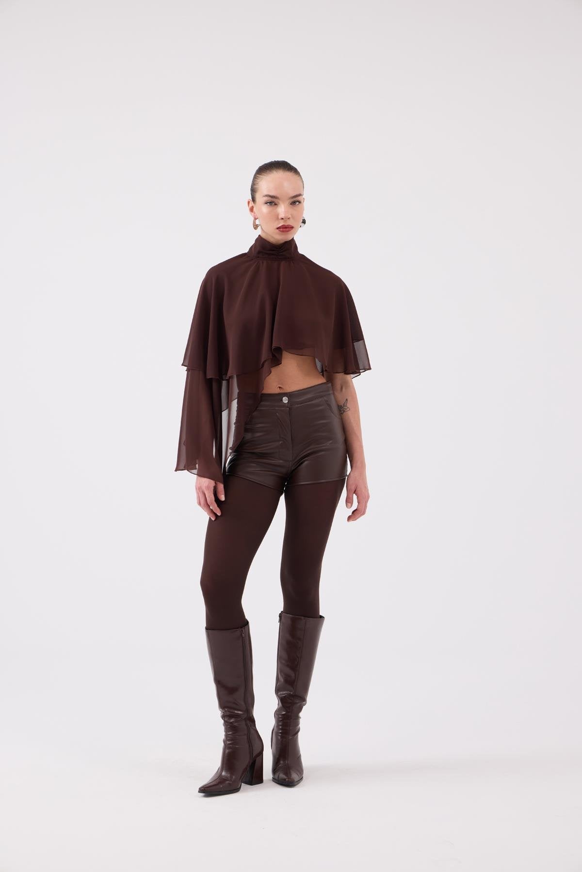 Yüksek Bel Mini Meghan Deri Şort Kahve