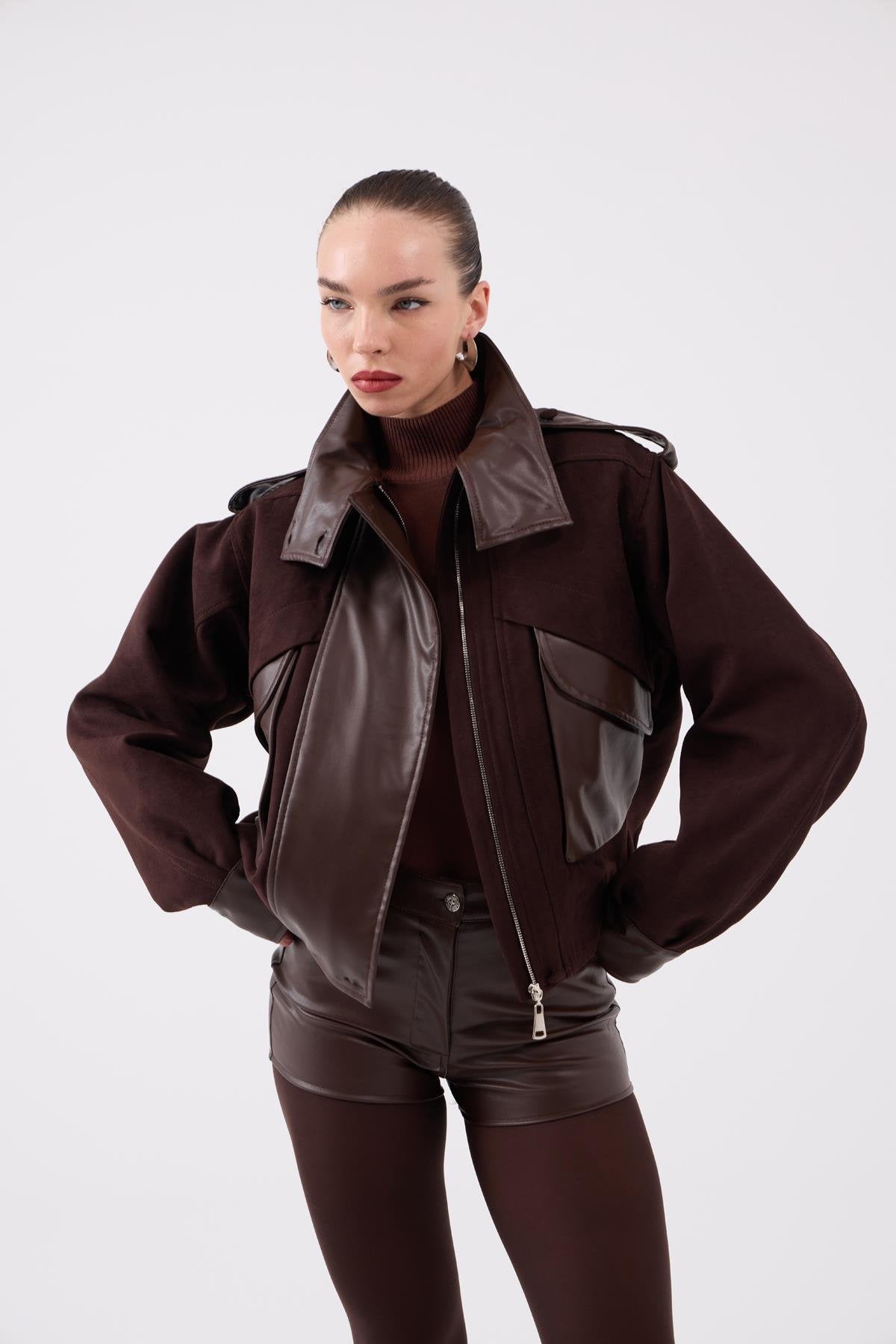 Yüksek Bel Mini Meghan Deri Şort Kahve