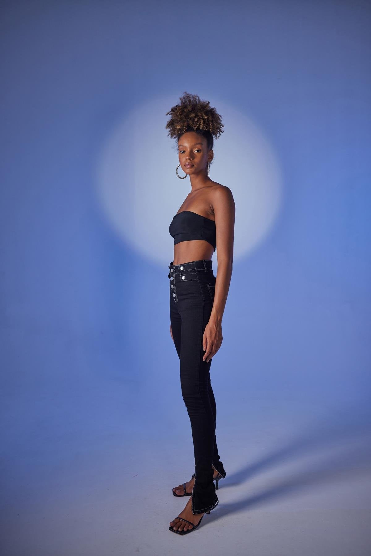 Yüksek Bel Paça Fermuarlı Likralı Split Jean Pantolon Siyah