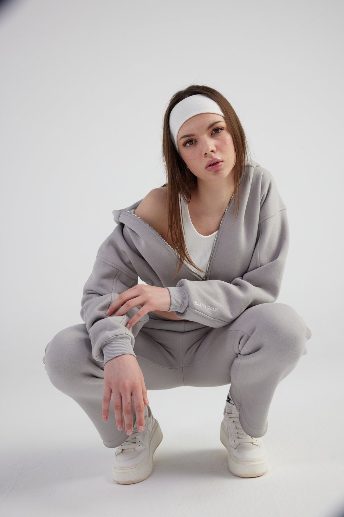 Kadın Gri Yüksek Bel Straight Kesim Şardonlu Mixed Eşofman Altı