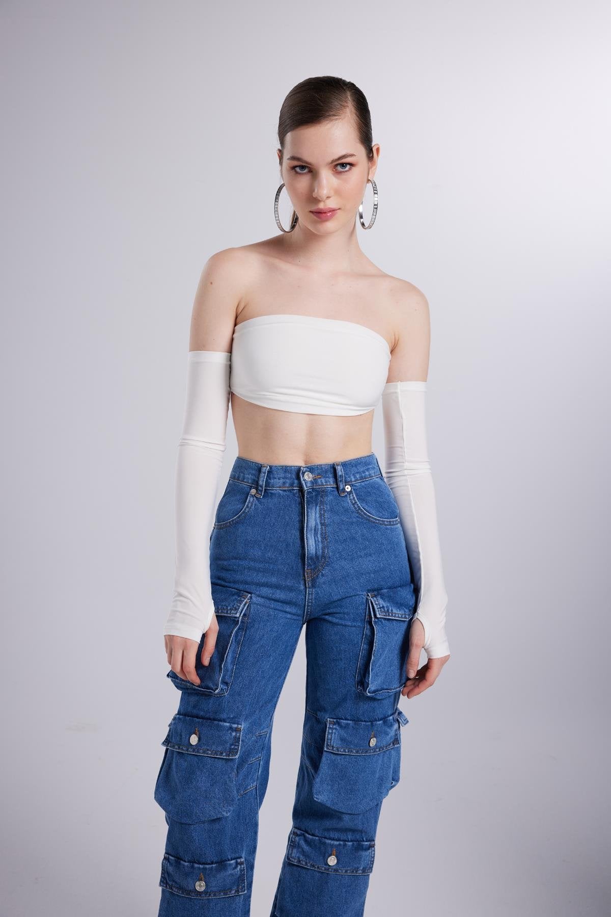 Yüksek Bel Wide Leg Cargo Jean Pantolon Mavi
