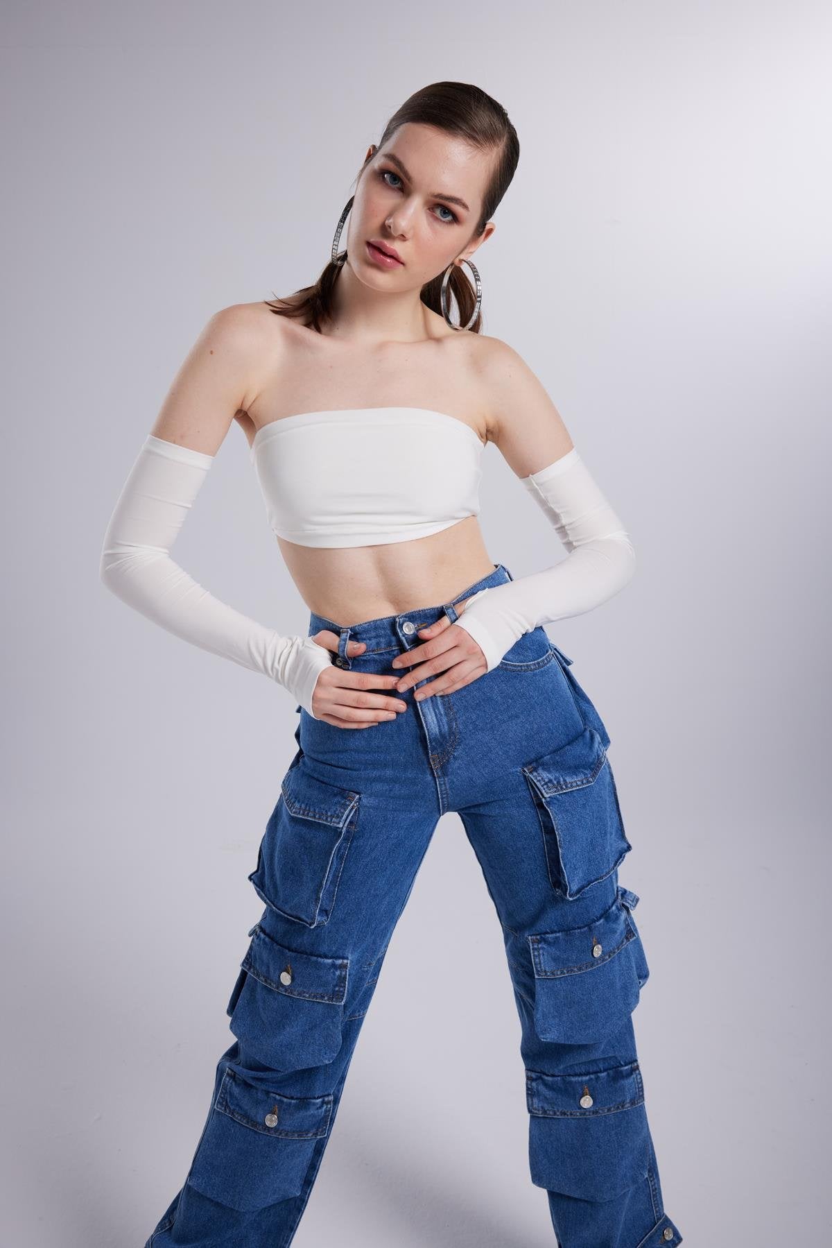 Yüksek Bel Wide Leg Cargo Jean Pantolon Mavi