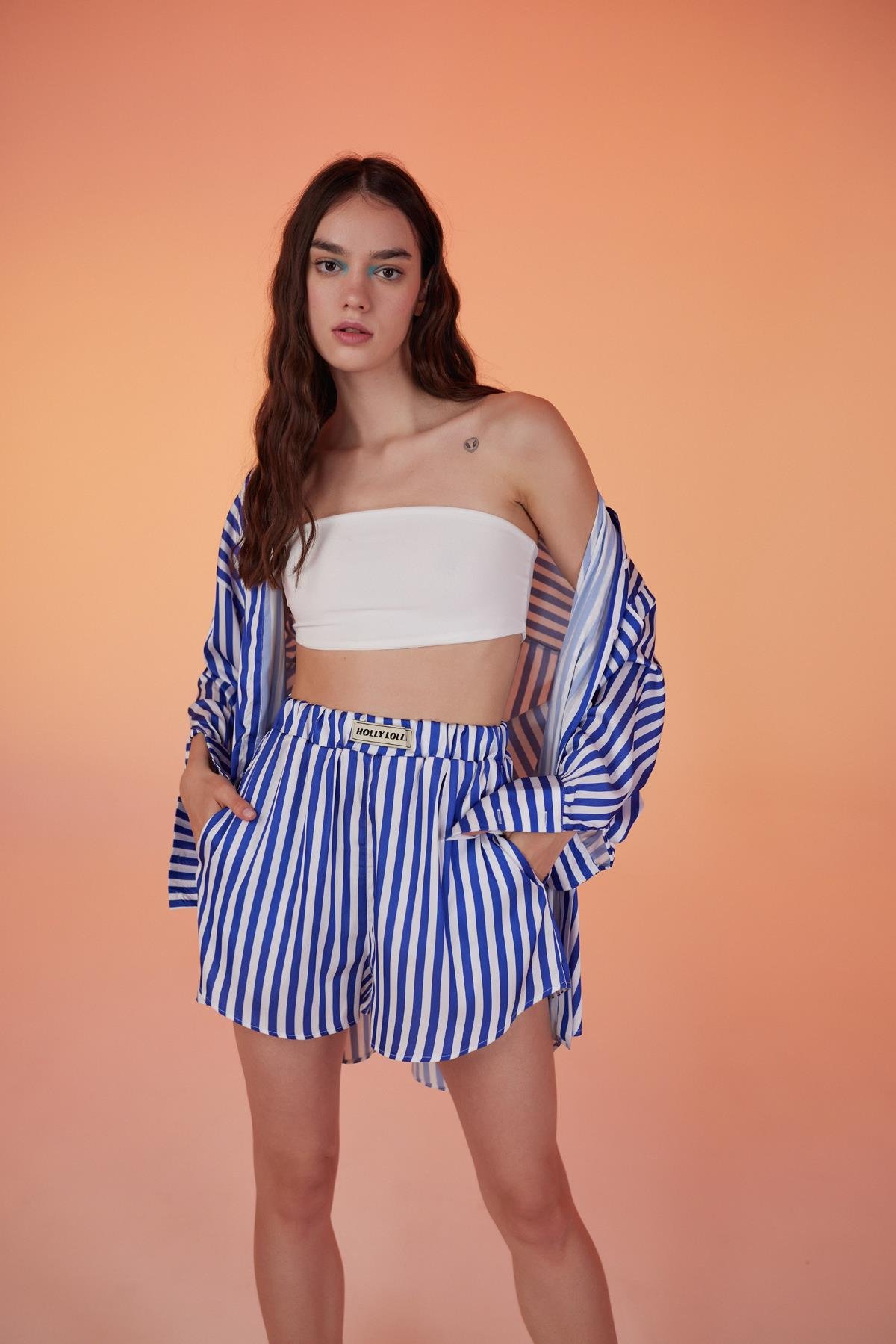 Yumuşak Dokulu Çizgili Saten Mini Mellow Şort Lacivert