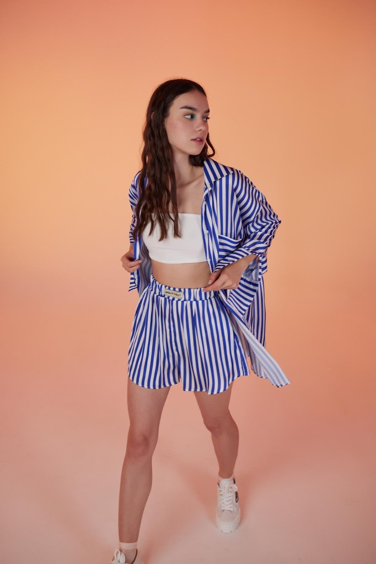 Yumuşak Dokulu Çizgili Saten Mini Mellow Şort Lacivert