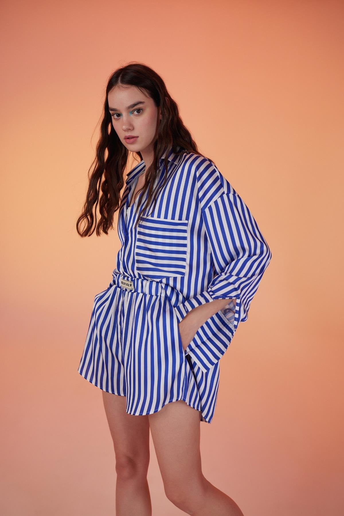 Yumuşak Dokulu Çizgili Saten Oversize Mellow Gömlek Lacivert