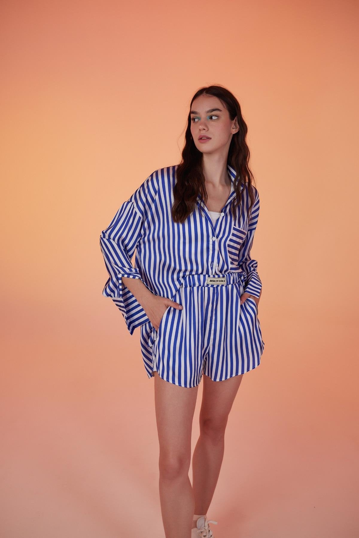 Yumuşak Dokulu Çizgili Saten Oversize Mellow Gömlek Lacivert