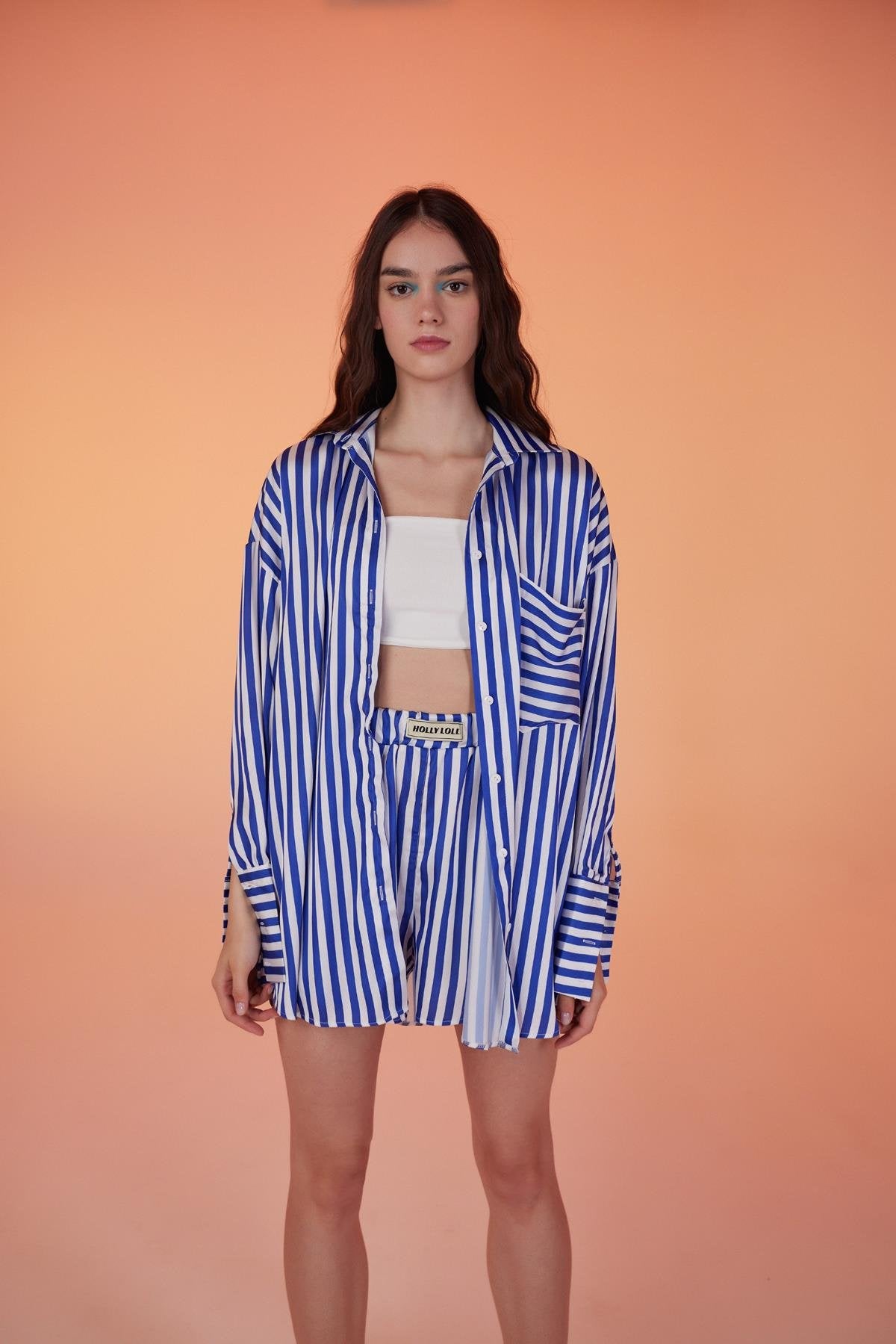 Yumuşak Dokulu Çizgili Saten Oversize Mellow Gömlek Lacivert