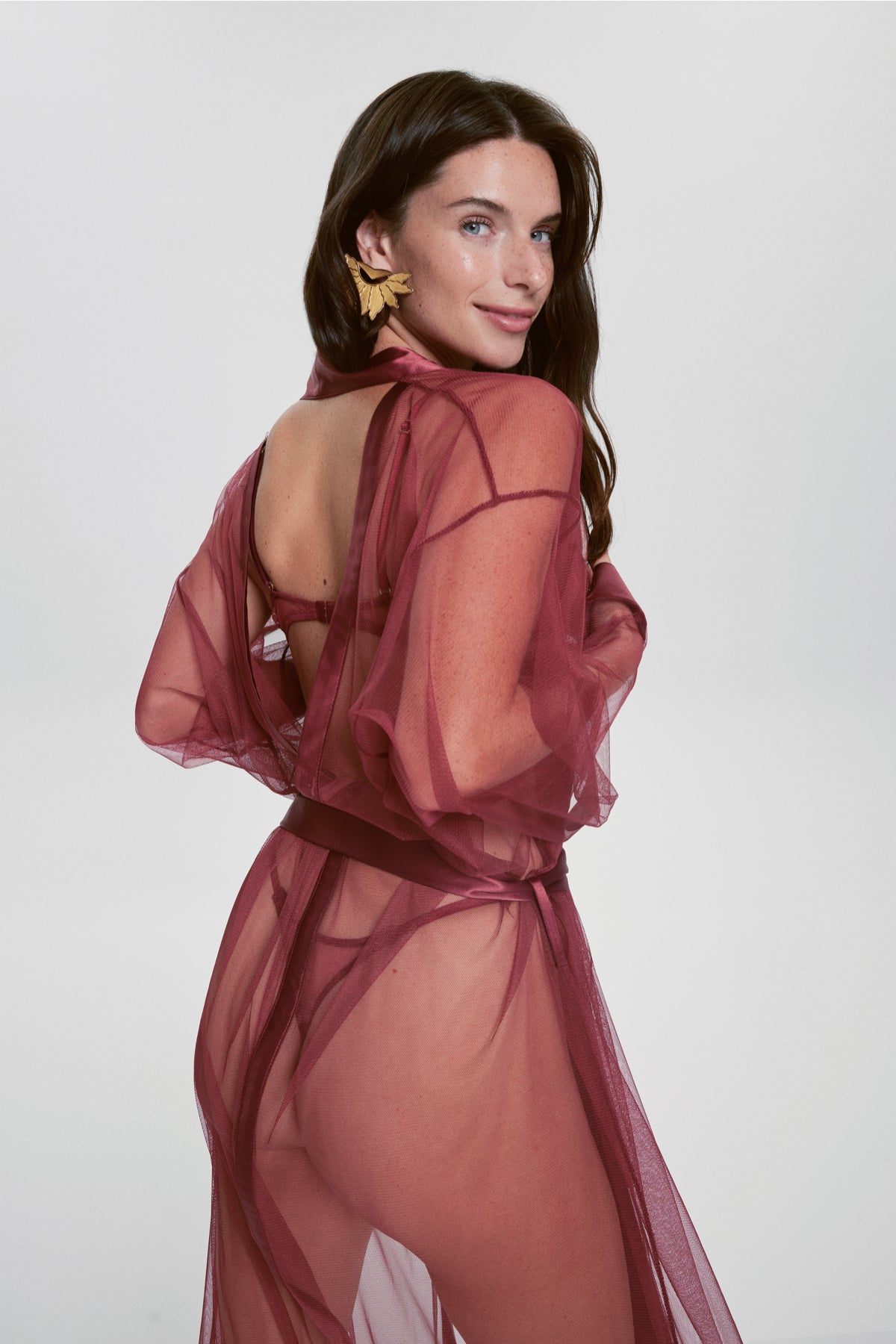 House Of Silk-Gisele Tül Uzun Sabahlık Bordo-Sabahlık-5-Milagron.com