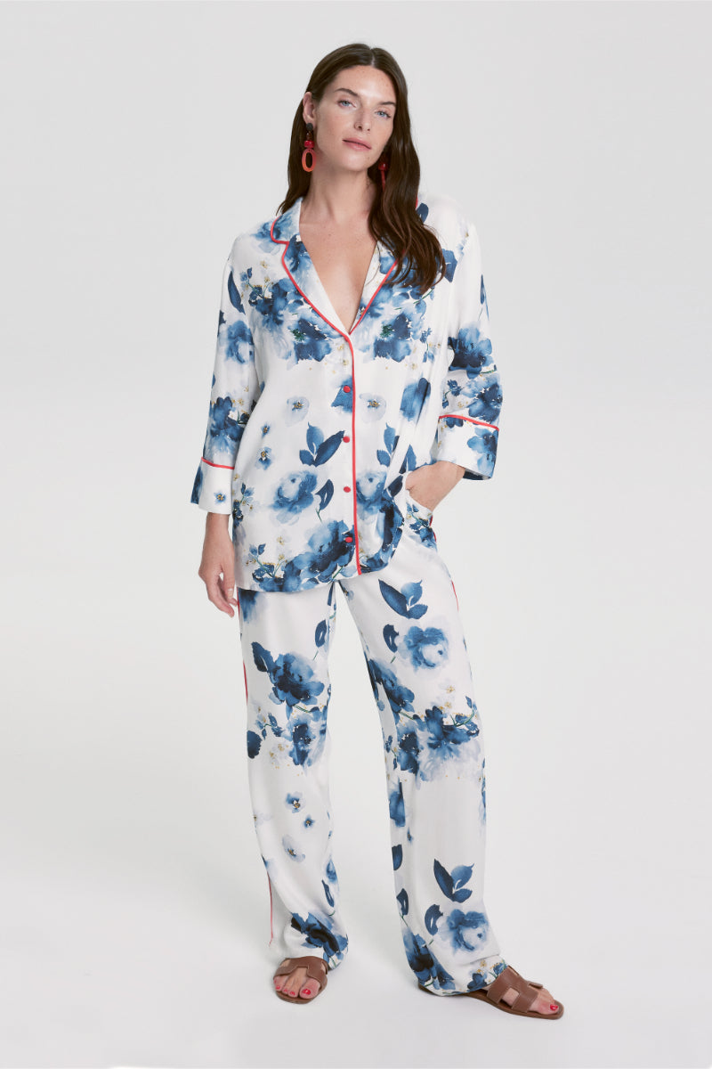 House Of Silk-Lavinia Çiçek Desenli Viskon Pijama Takımı Beyaz-Pijama Takımı-10-Milagron.com