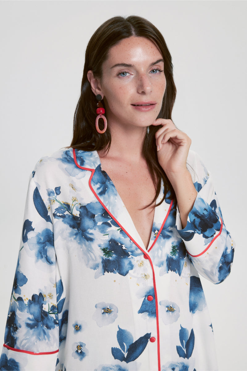 House Of Silk-Lavinia Çiçek Desenli Viskon Pijama Takımı Beyaz-Pijama Takımı-3-Milagron.com