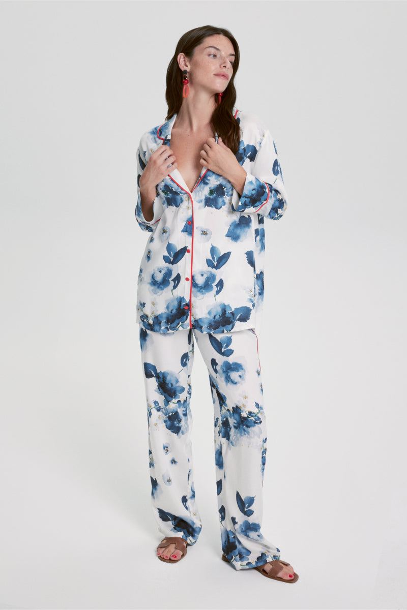 House Of Silk-Lavinia Çiçek Desenli Viskon Pijama Takımı Beyaz-Pijama Takımı-4-Milagron.com