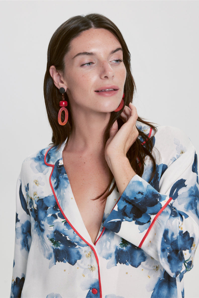 House Of Silk-Lavinia Çiçek Desenli Viskon Pijama Takımı Beyaz-Pijama Takımı-5-Milagron.com