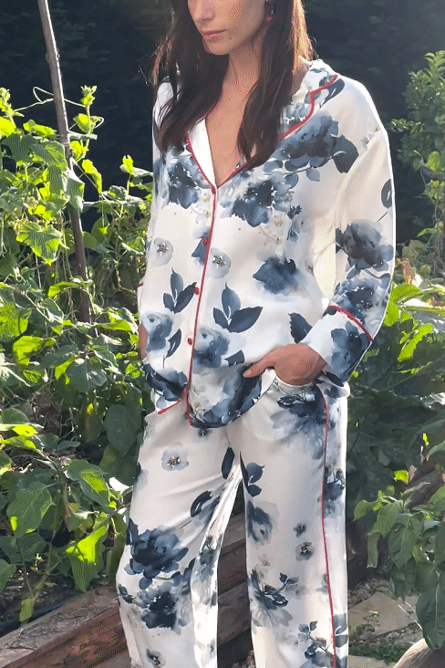 House Of Silk-Lavinia Çiçek Desenli Viskon Pijama Takımı Beyaz-Pijama Takımı-7-Milagron.com