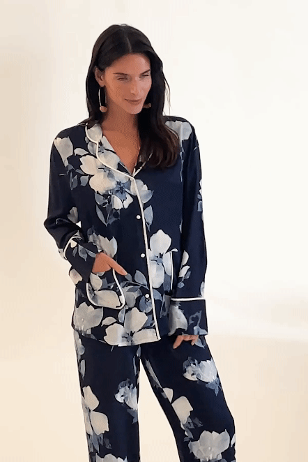 House Of Silk-Lavinia Çiçek Desenli Viskon Pijama Takımı Lacivert-Pijama Takımı-10-Milagron.com