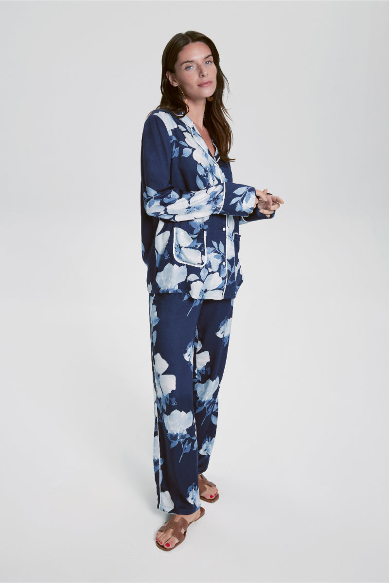 House Of Silk-Lavinia Çiçek Desenli Viskon Pijama Takımı Lacivert-Pijama Takımı-3-Milagron.com