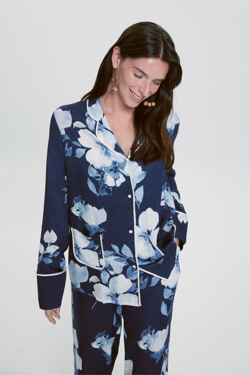 House Of Silk-Lavinia Çiçek Desenli Viskon Pijama Takımı Lacivert-Pijama Takımı-4-Milagron.com