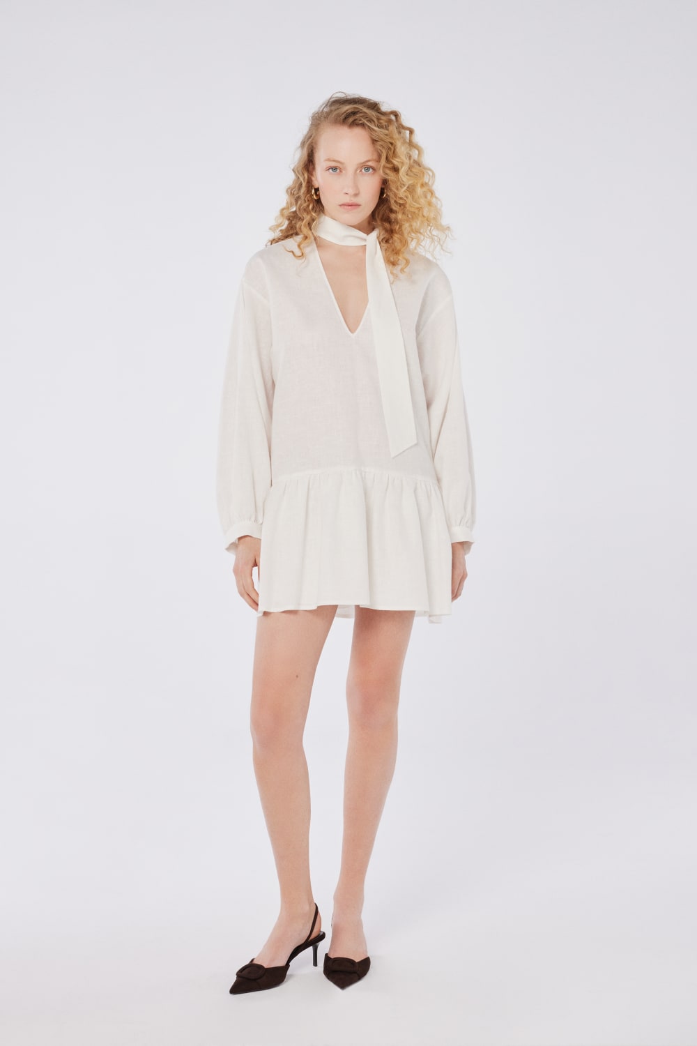 House of IKA-Bağlamalı Yaka Keten Mini Elbise-Elbise-1-Milagron.com