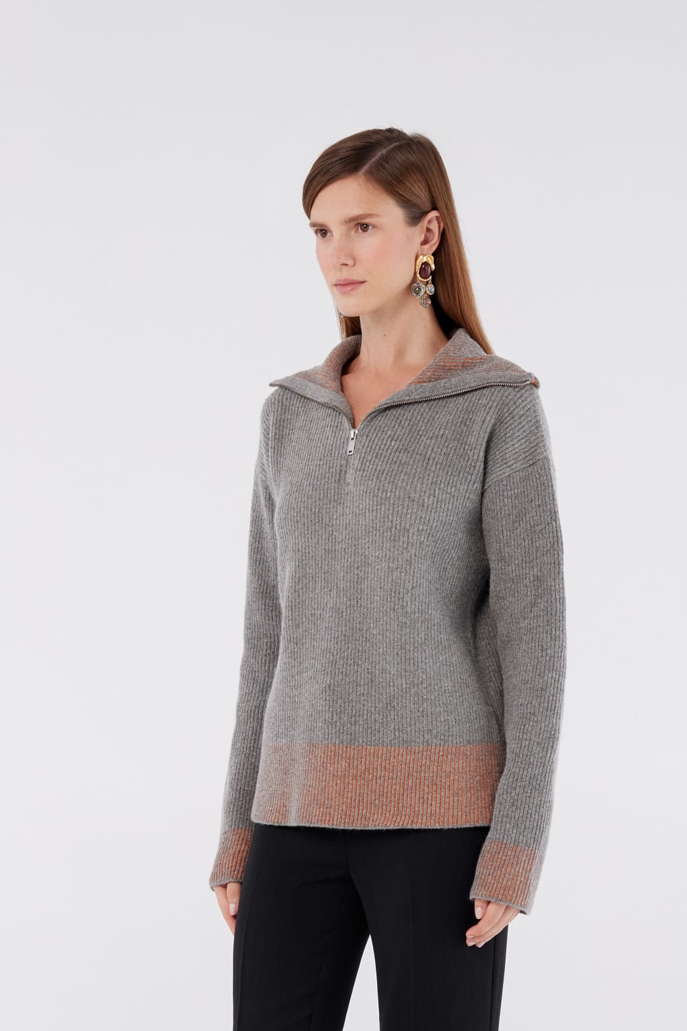 House of IKA-Çift Renkli Fermuarlı Alpaka Kazak-Kazak & Triko-2-Milagron.com