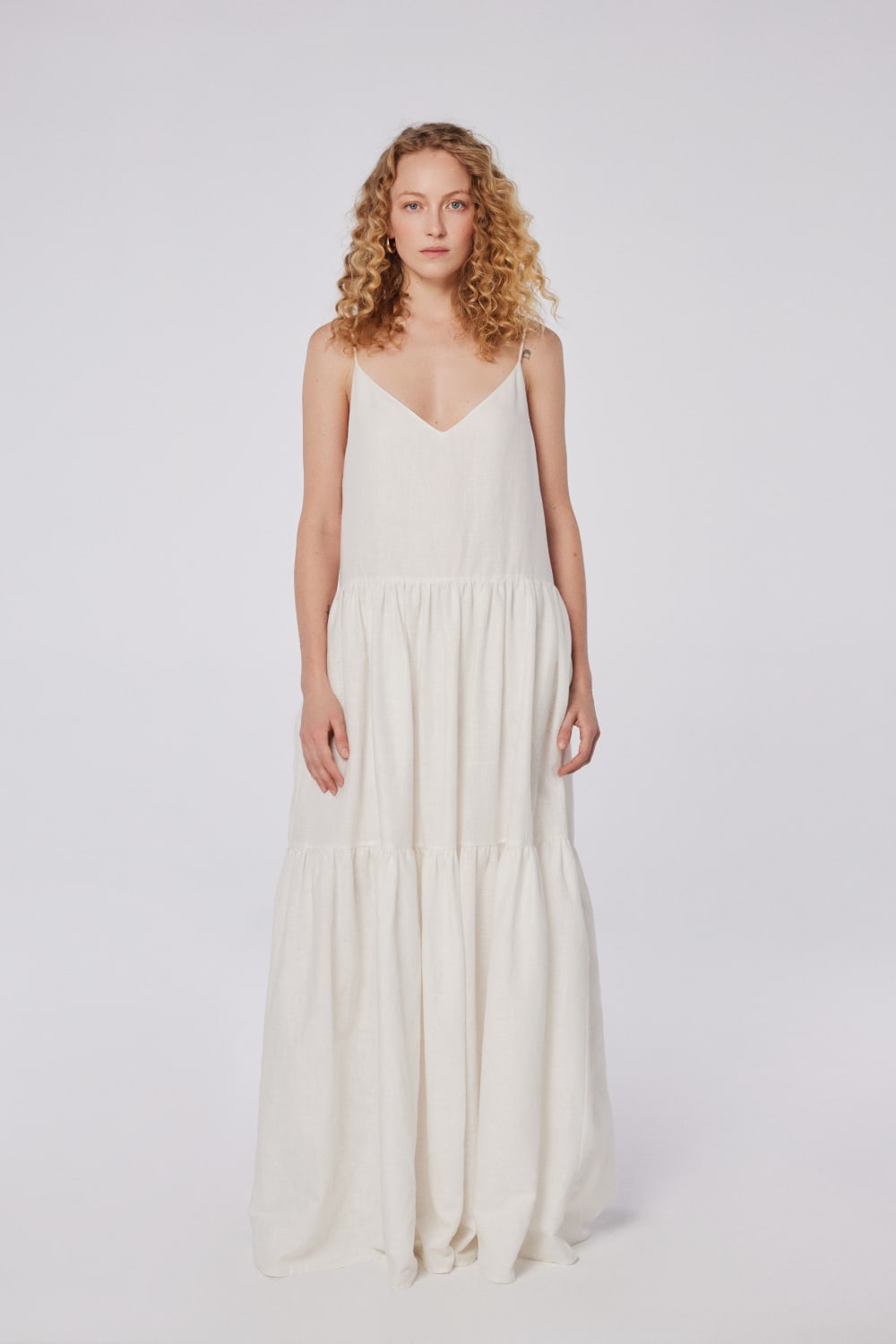 House of IKA-Derin V Sırt Kesimli Katmanlı Keten Maxi Elbise-Elbise-1-Milagron.com