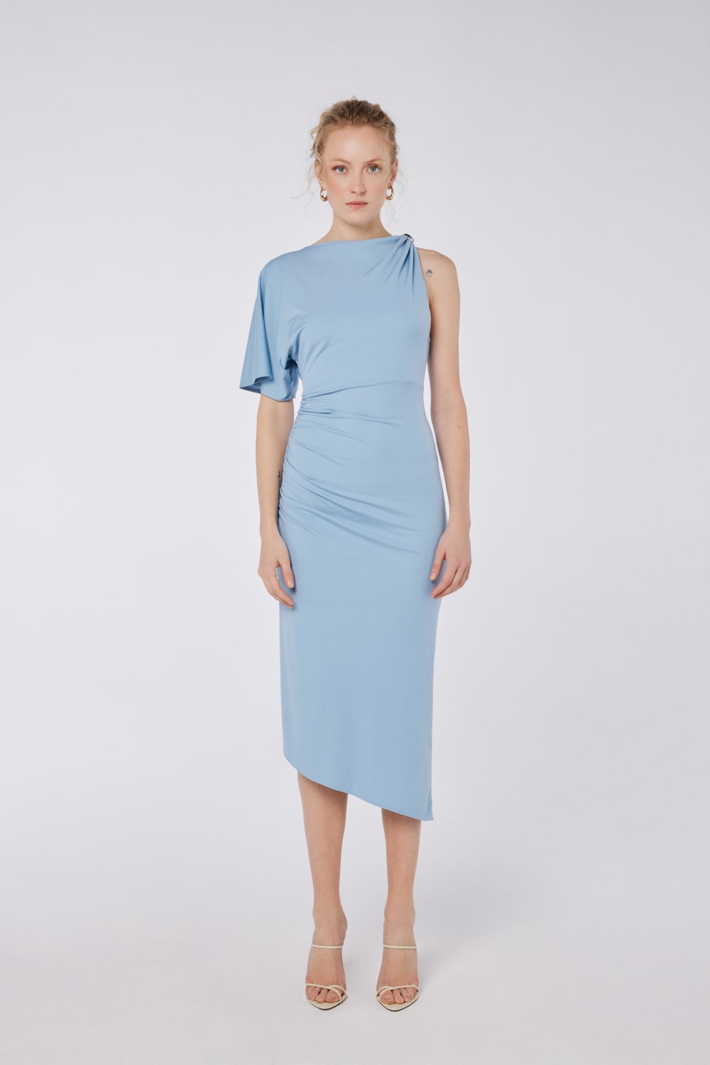 House of IKA-Drapeli Tek Omuz Tokalı Elbise-Elbise-1-Milagron.com