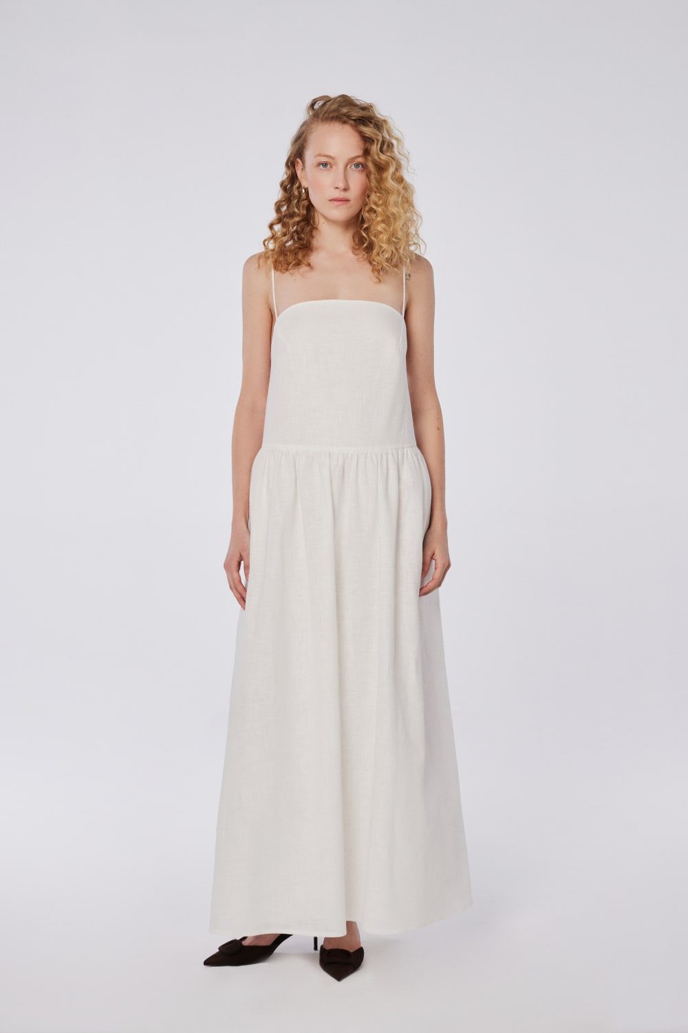 House of IKA-Oval Yaka Keten Maxi Elbise-Elbise-1-Milagron.com