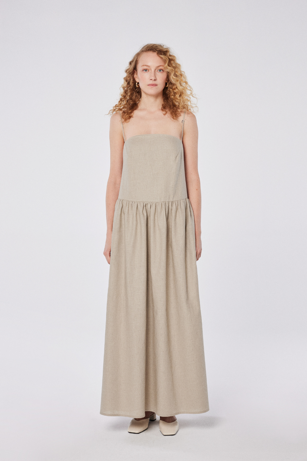 House of IKA-Oval Yaka Keten Maxi Elbise-Elbise-1-Milagron.com