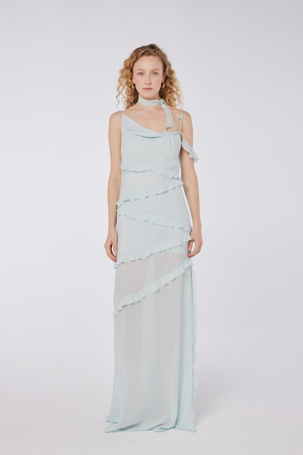 House of IKA-Yırtmaç Detaylı Fırfırlı Viskon Maxi Elbise-Elbise-1-Milagron.com