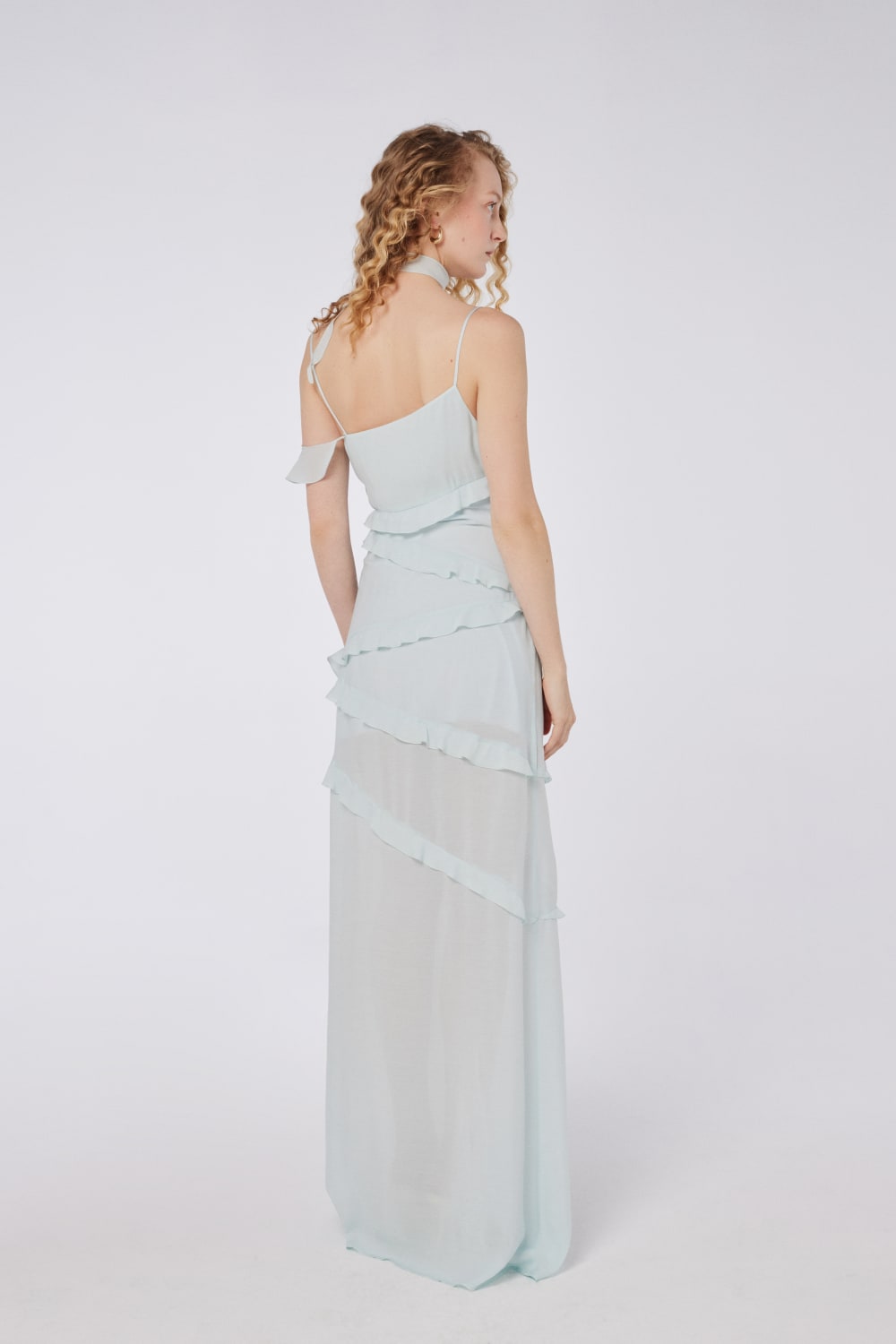 House of IKA-Yırtmaç Detaylı Fırfırlı Viskon Maxi Elbise-Elbise-3-Milagron.com