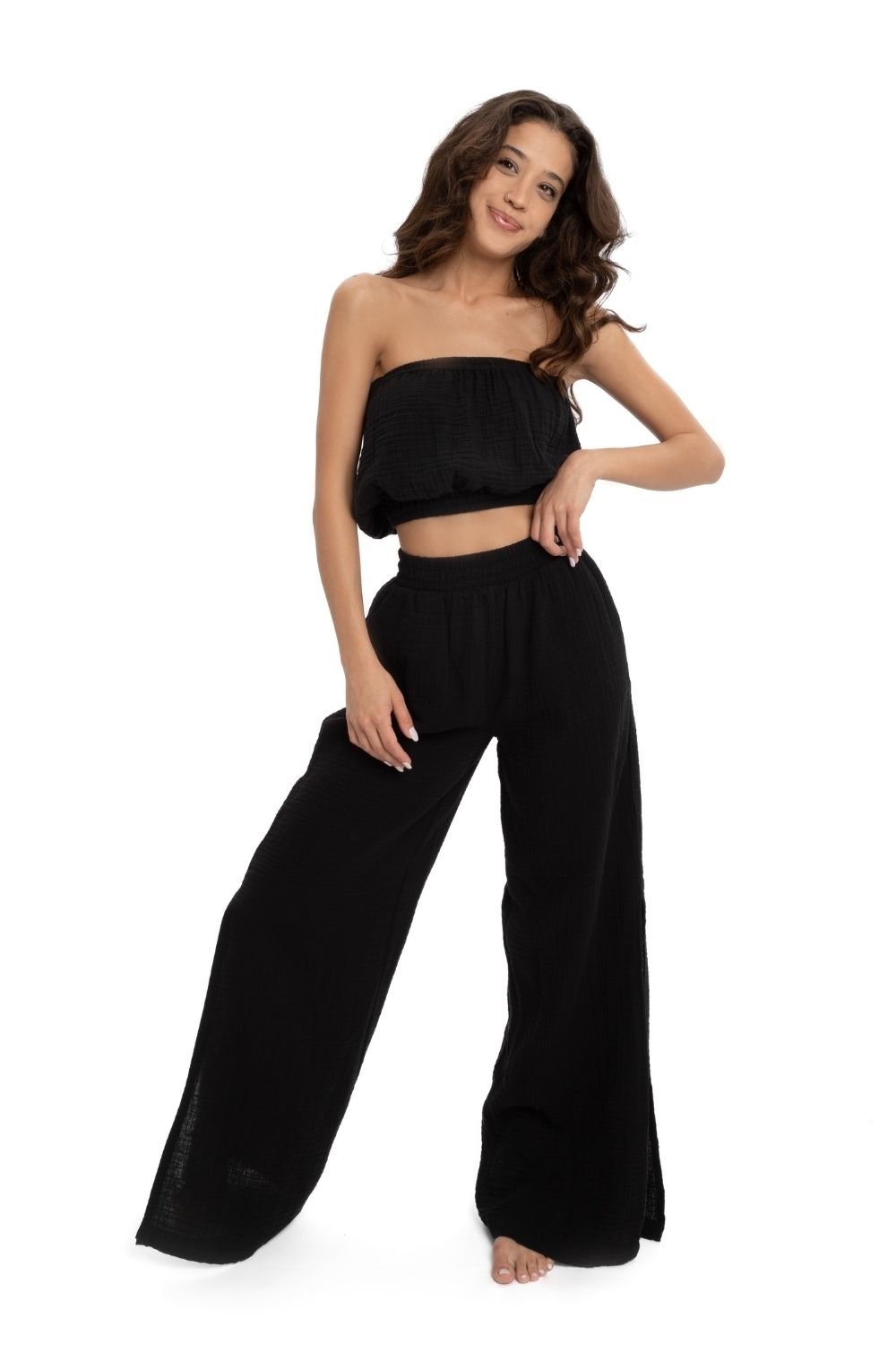 Husufi-Siyah Müslin Yırtmaçlı Pantolon-Pantolon-2-Milagron.com