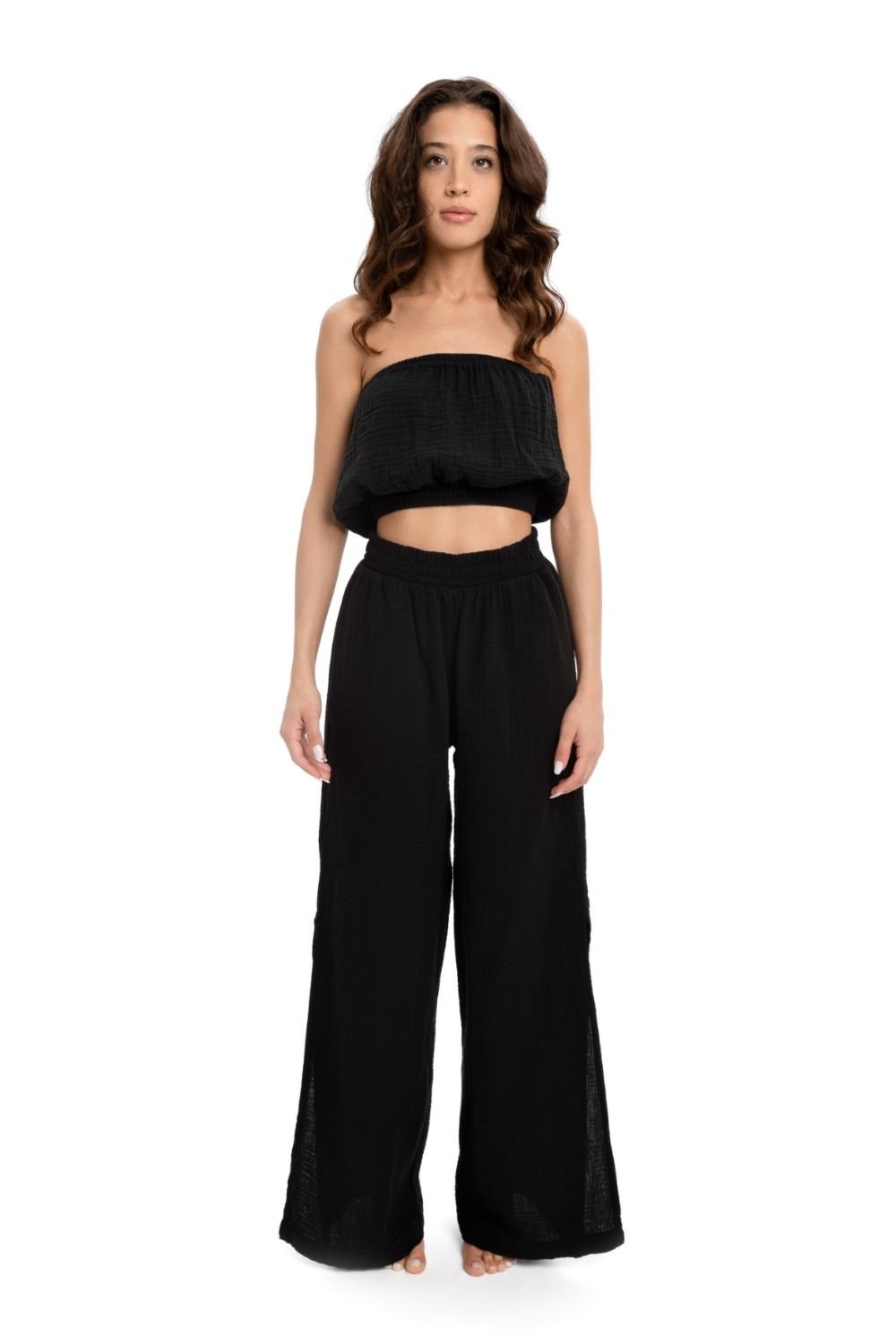 Husufi-Siyah Müslin Yırtmaçlı Pantolon-Pantolon-4-Milagron.com